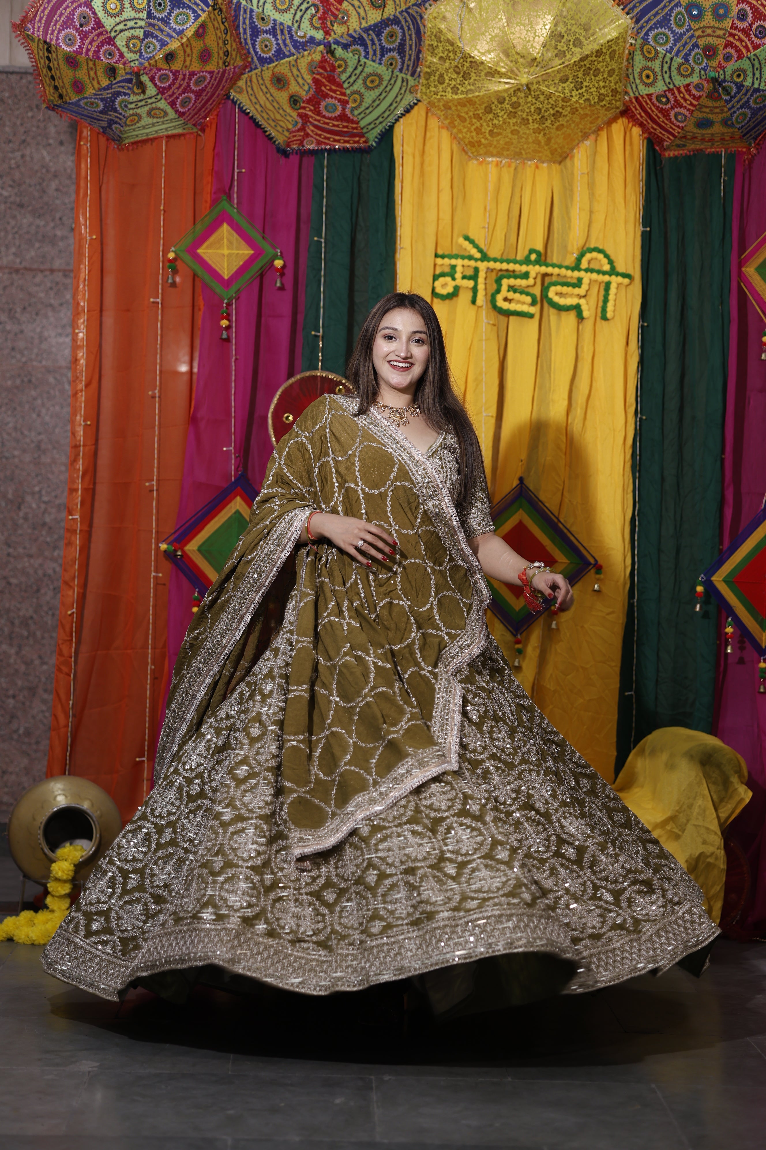 Olive Green Traditional Handwork Lehenga for Women | Radhika Boutique