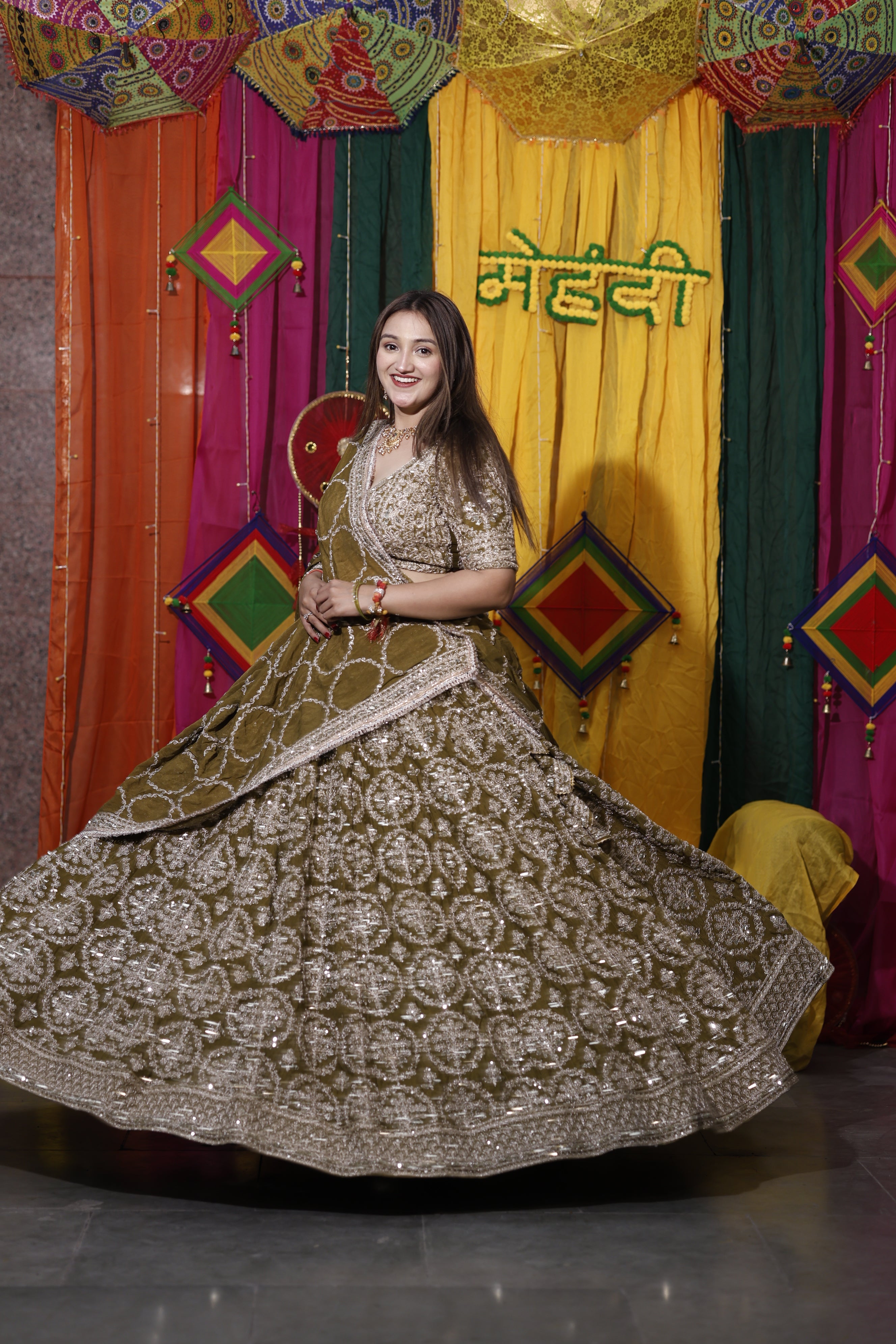Olive Green Traditional Handwork Lehenga for Women | Radhika Boutique