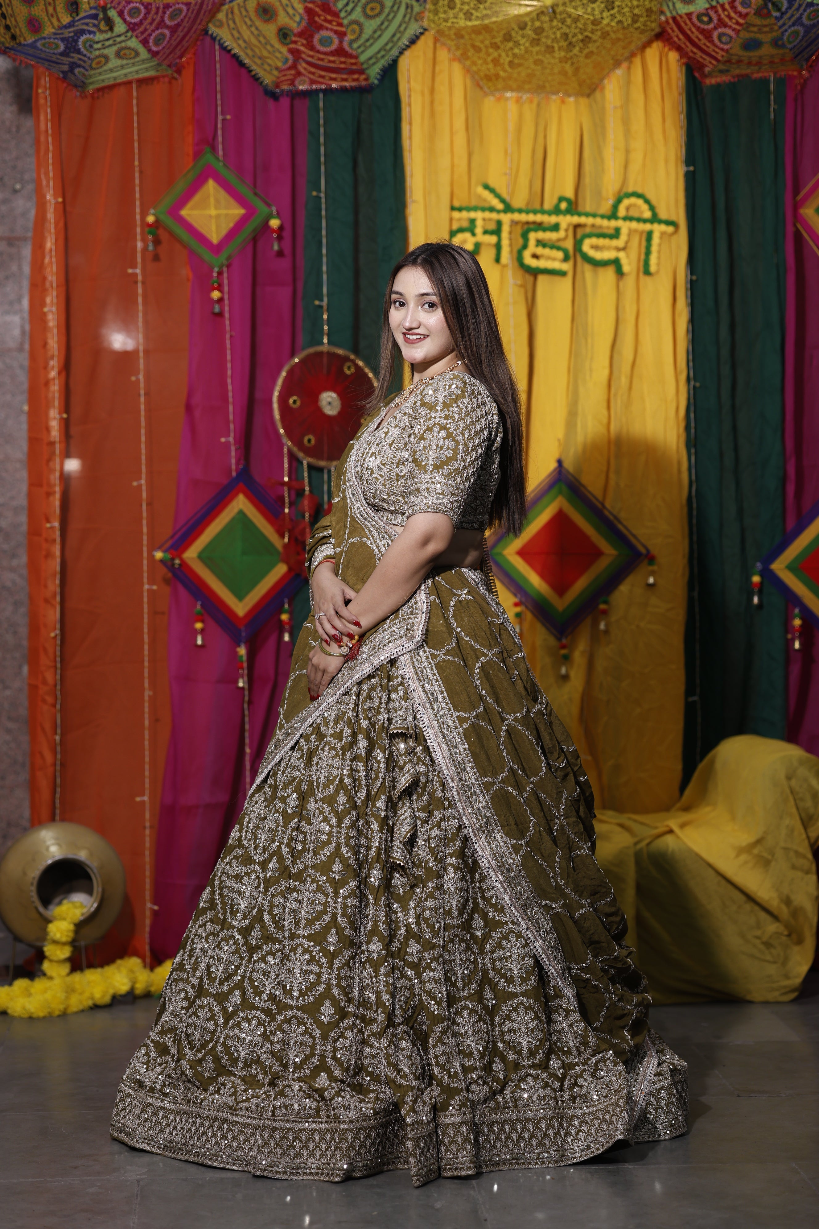 Olive Green Traditional Handwork Lehenga for Women | Radhika Boutique
