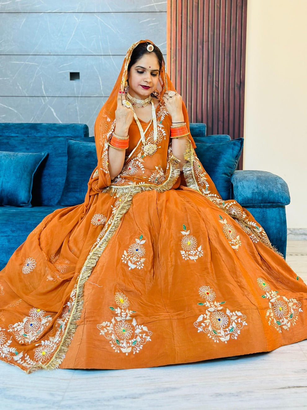 Royal Orange Rajputi Embroidered Lehenga Set | Radhika Boutique