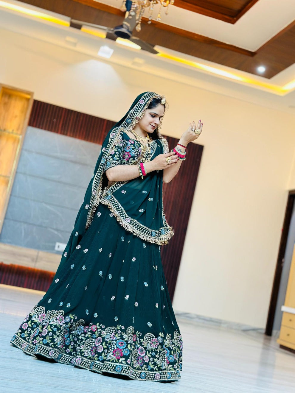 Radhika Boutique Green Rajputi Embroidered Lehenga | Full Stitch & Premium Odhani