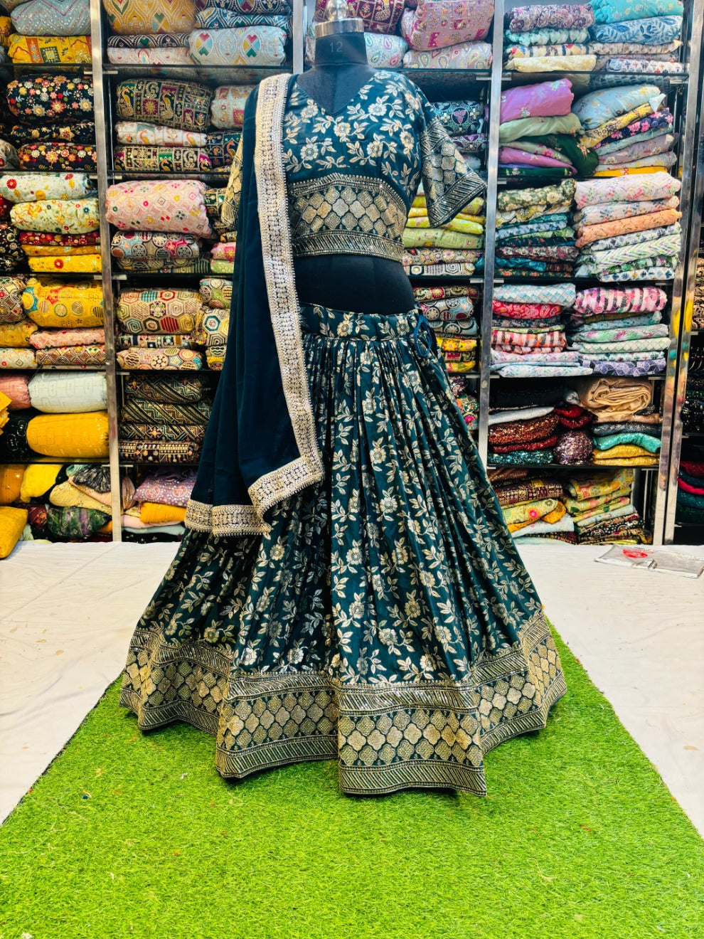Designer Dark Green Foil Work Lehenga Set | Festive & Wedding Wear Collection| Radhika Boutique