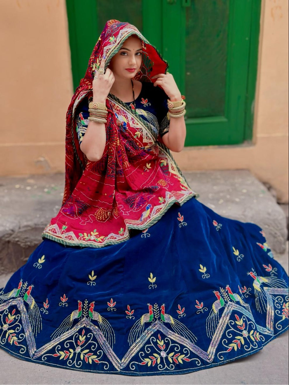 Navy Blue Rajputi Pomcha Lehenga| Radhika Boutique