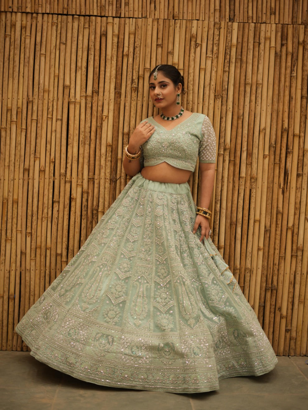 Pastel Green Heavy Embroidered Lehenga |Radhika Boutique
