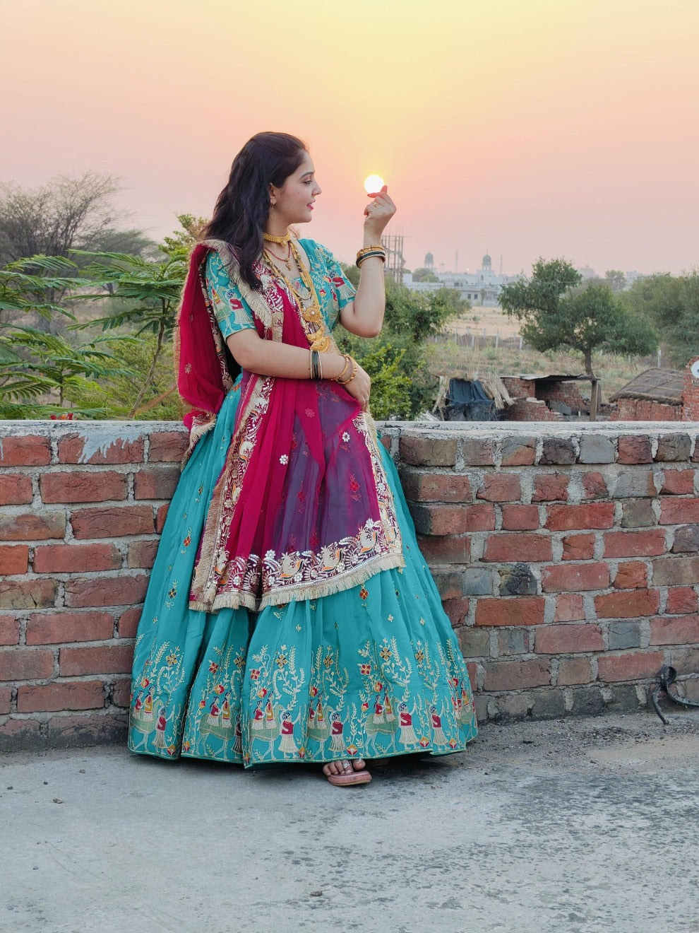 Teal Maroon Dual-Tone Embroidered Lehenga | Radhika Boutique