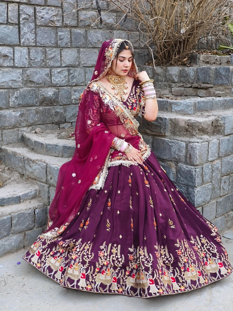 Maroon Blooming Fox Embroidered Lehenga | Radhika Boutique