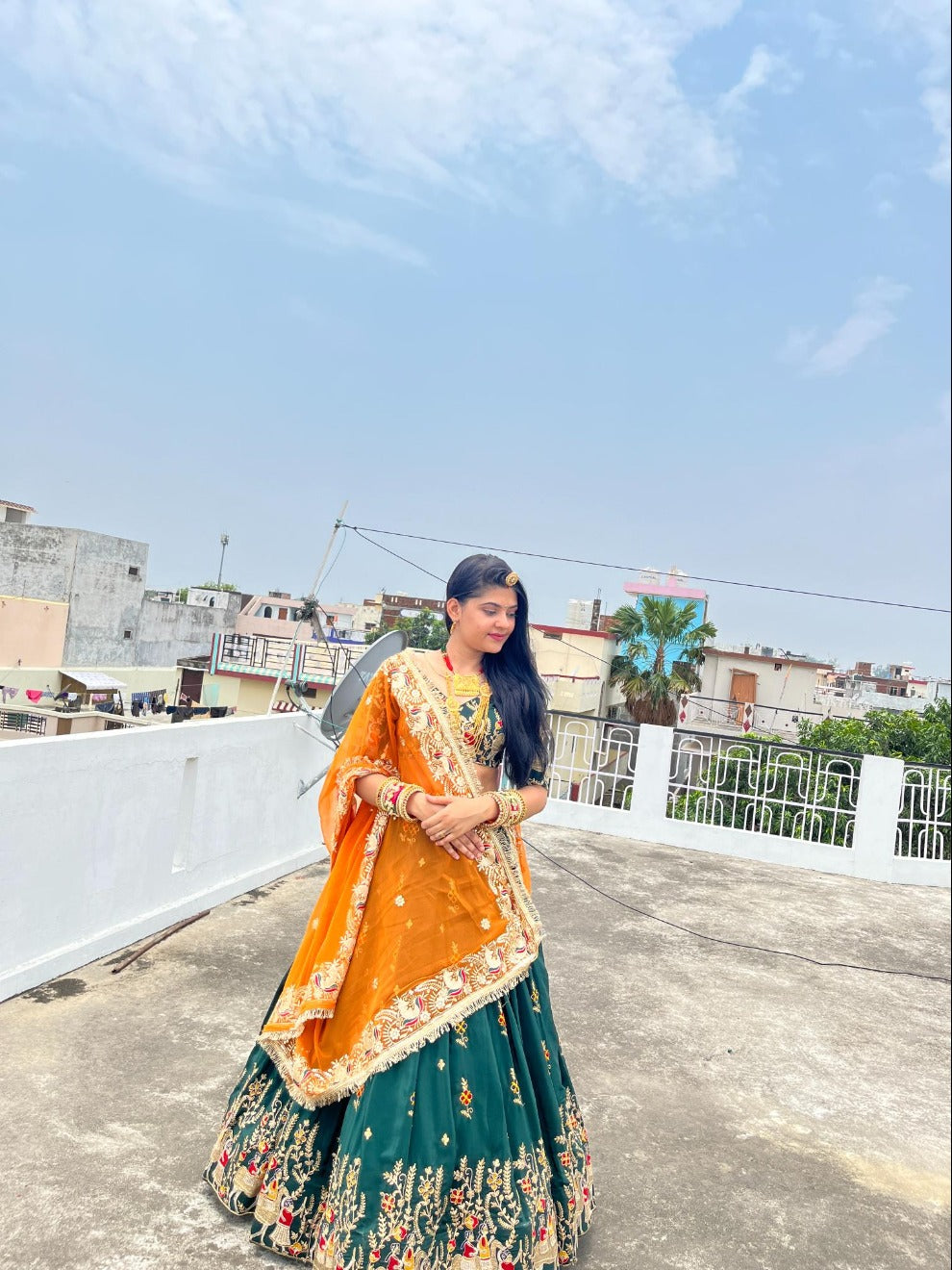 Emerald Orange Rajputi Embroidered Lehenga | Radhika Boutique