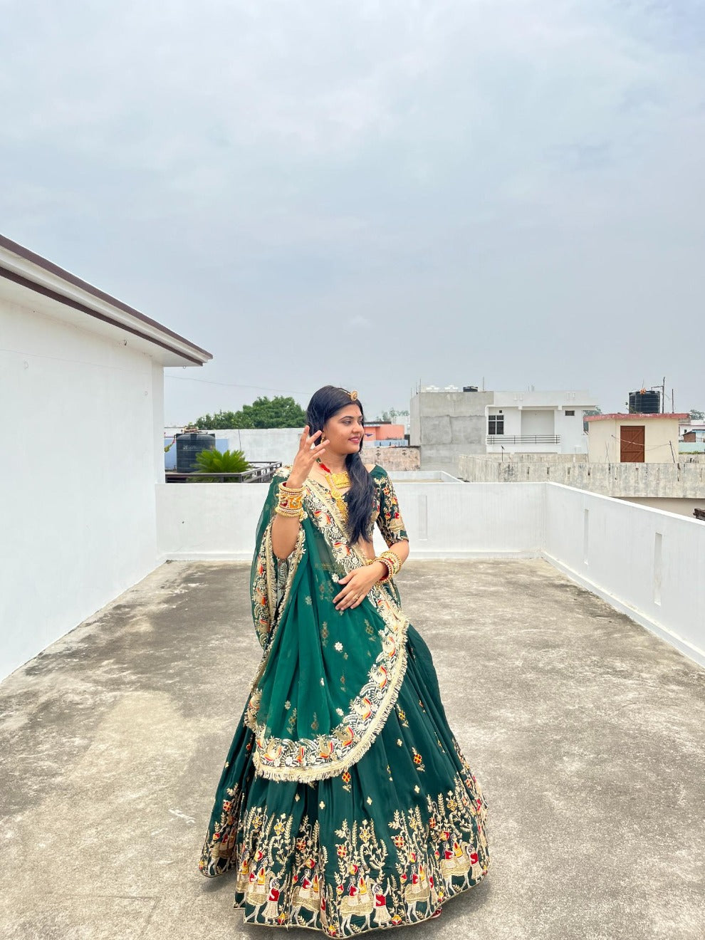 Emerald Green Silk Embroidered Lehenga | Radhika Boutique
