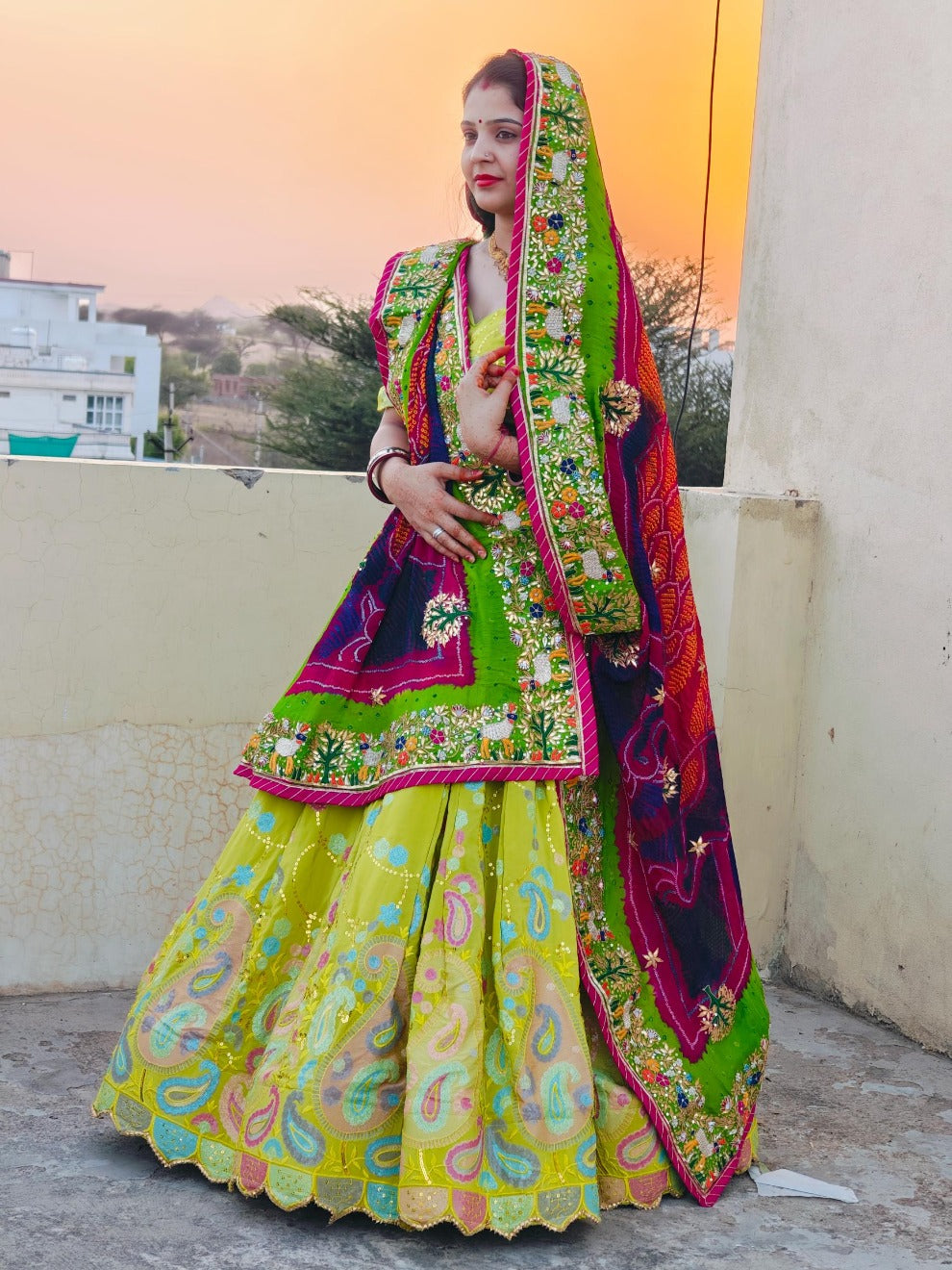 Lime Yellow Rajputi Multicolor Lehenga | Radhika Boutique