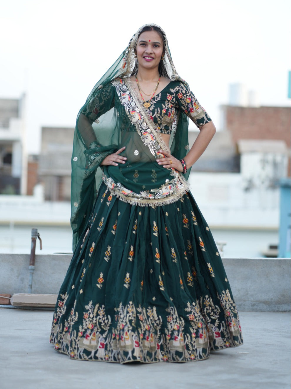 Emerald Heritage Embroidered Lehenga | Radhika Boutique