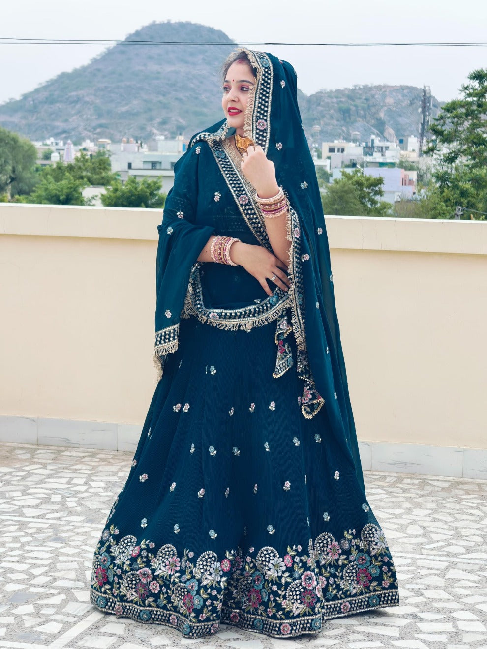 Teal Royal Embroidered Lehenga | Radhika Boutique