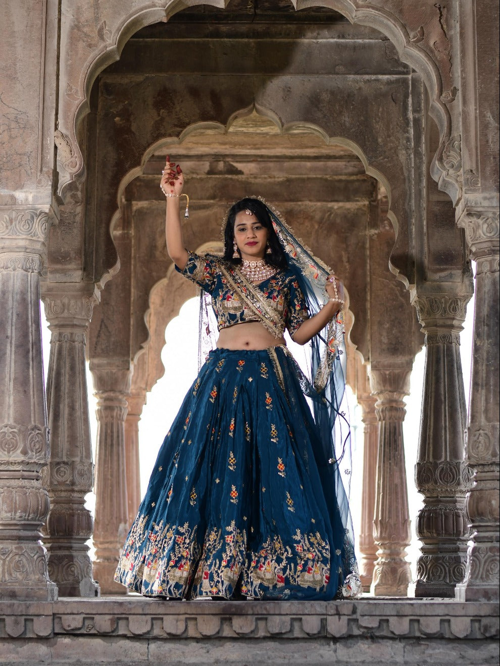 Royal Teal Embroidered Rajputi Silk Lehenga Set | Radhika Boutique