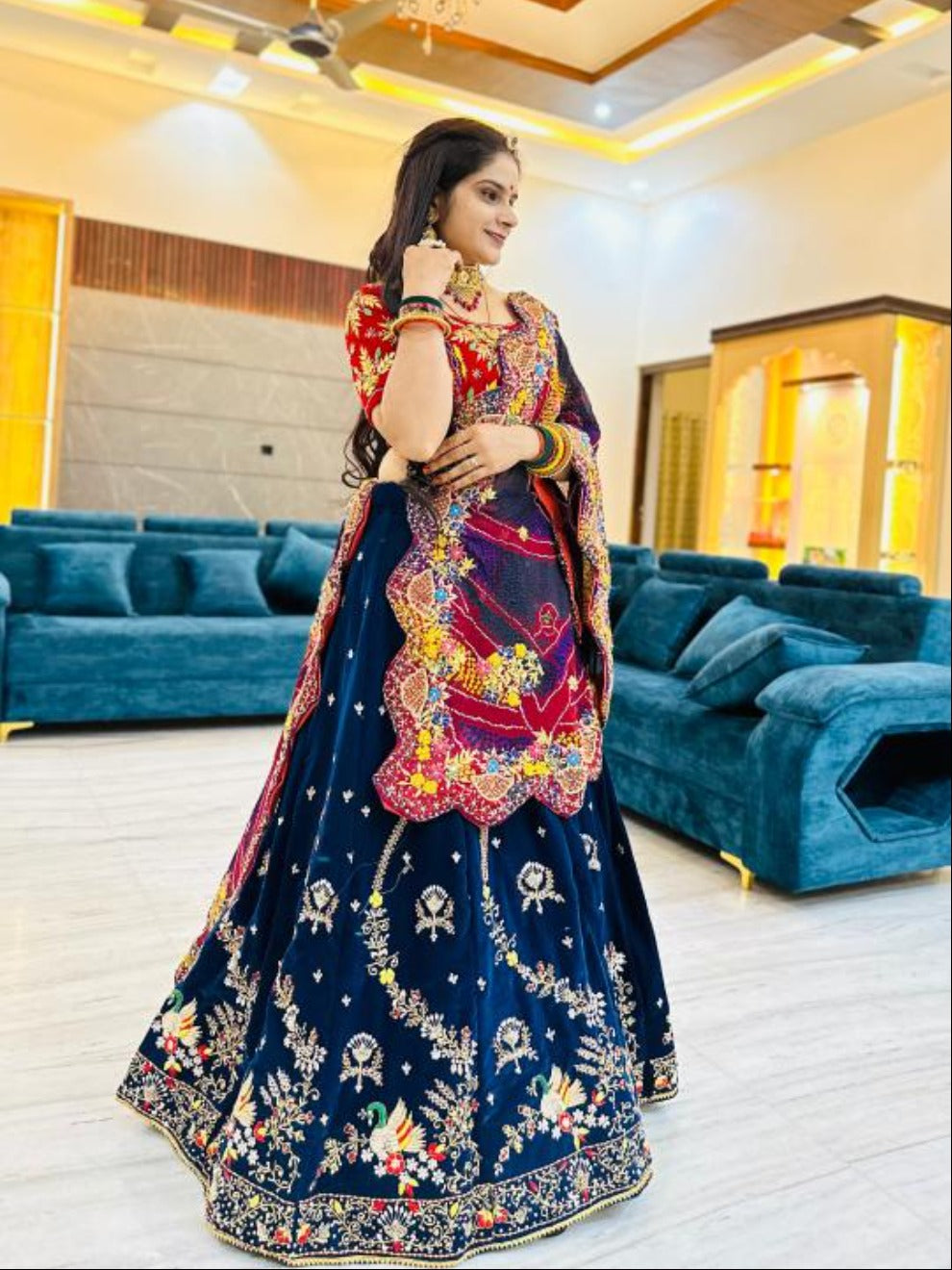 Navy Blue Rajputi Lehenga with Handwork Pomcha | Radhika Boutique