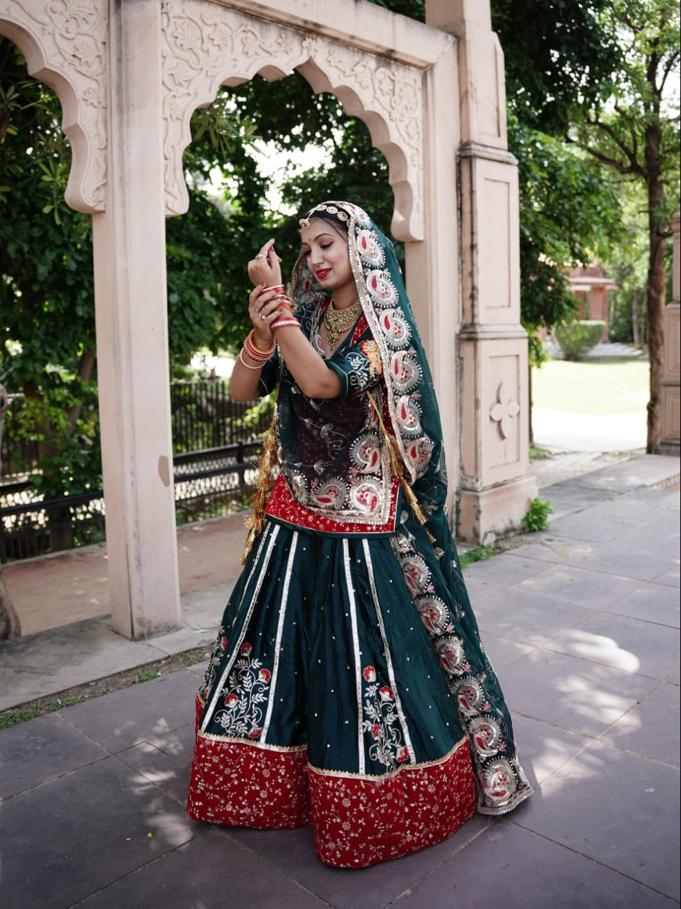Hansli Design Rajputi Traditional Green & Red Lehenga Odhani Kurti Kanchli – Designer Rajput ...