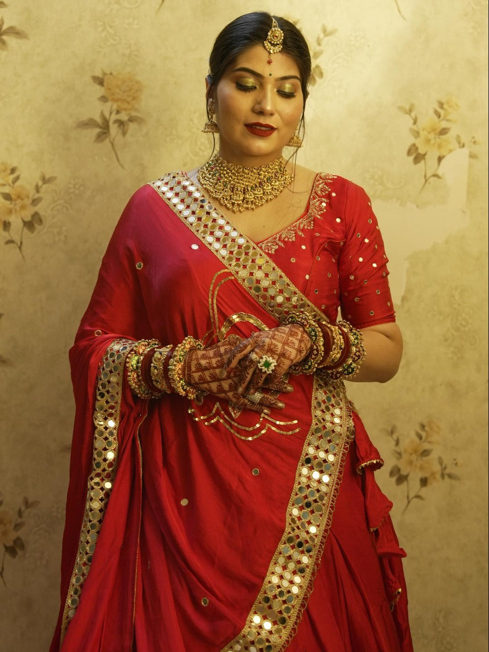 Red Designer Lehenga with Mirror & Thread Work | Bridal Wear by Radhika Boutique