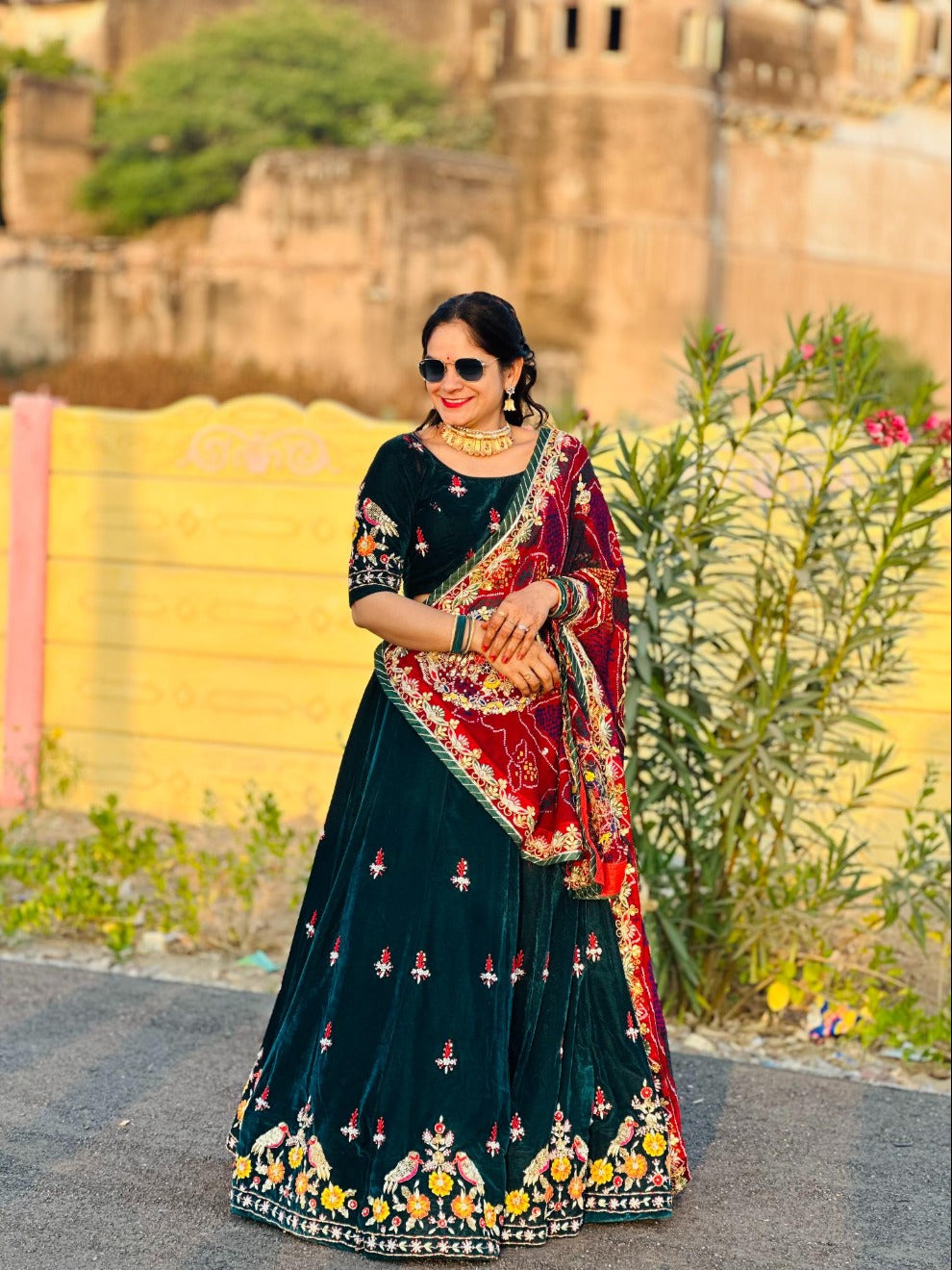 Black Velvet Floral Embroidered Lehenga with Red Dupatta | Radhika Boutique
