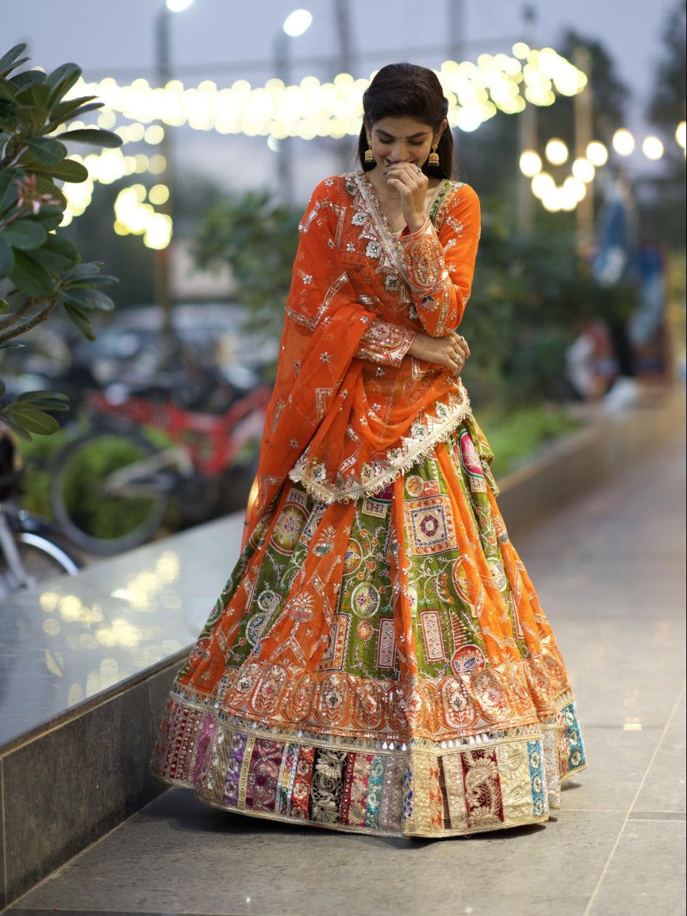 Vibrant Orange Multicolor Patchwork Lehenga | Radhika Boutique