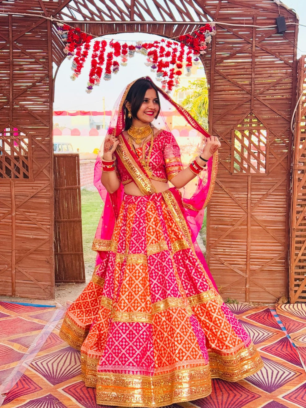 Radhika Boutique Pink Orange Banarasi Bandhej Lehenga | Bridal & Festive Wear