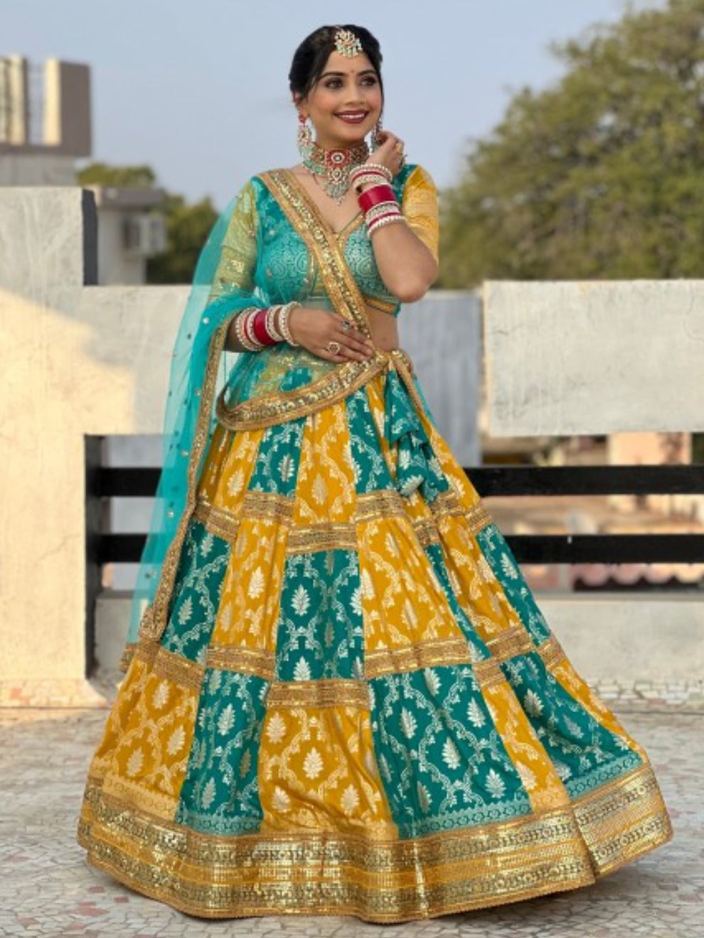 Teal Yellow Banarasi Lehenga  | Radhika Boutique