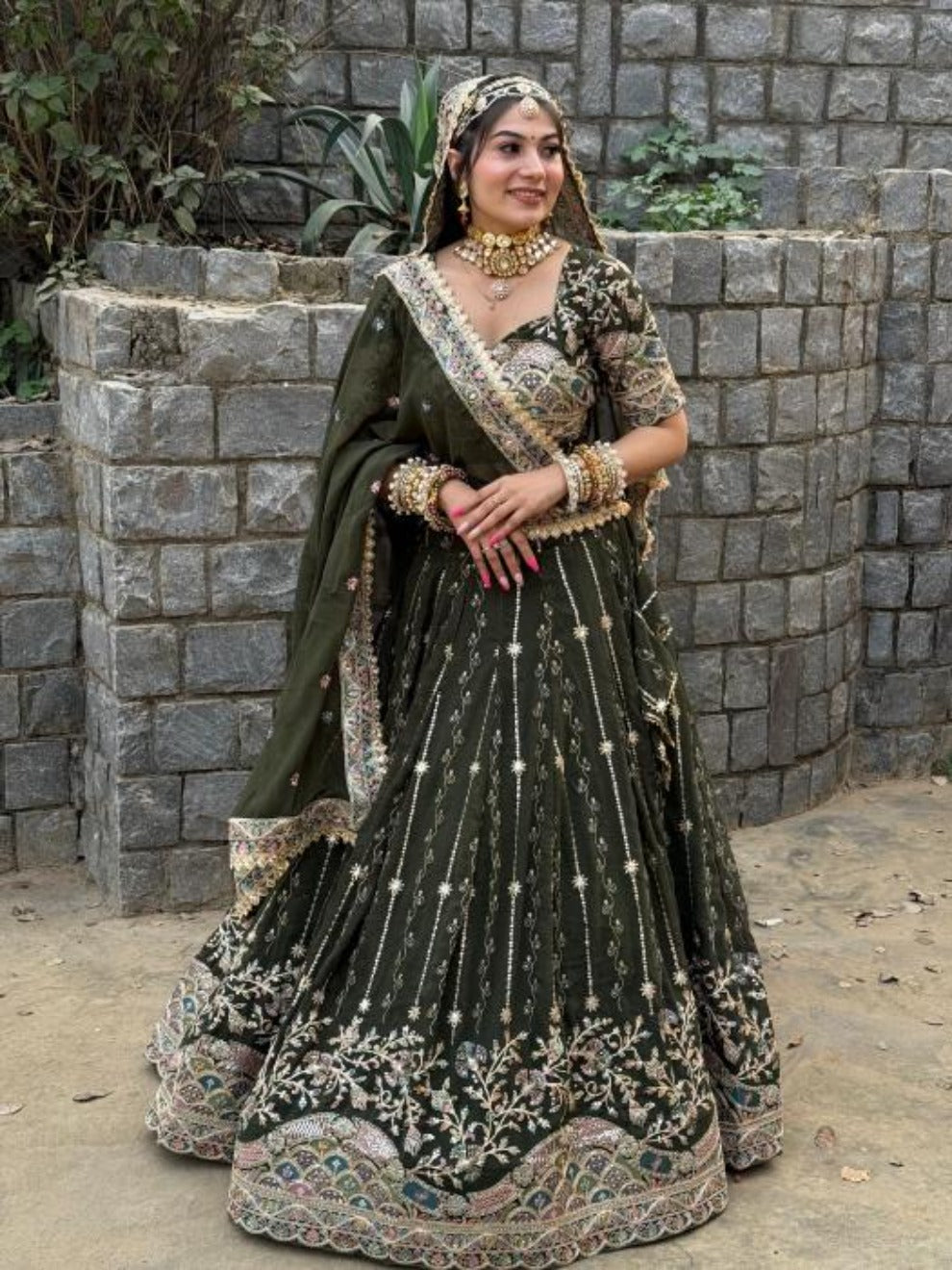 Olive Green Heavy Embroidered Lehenga |Radhika Boutique