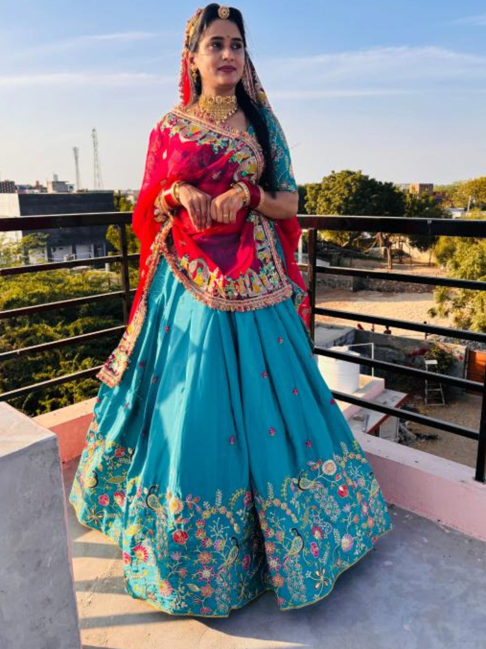 Radhika Style Turquoise & Red Embroidered Lehenga – Designer Wedding wear