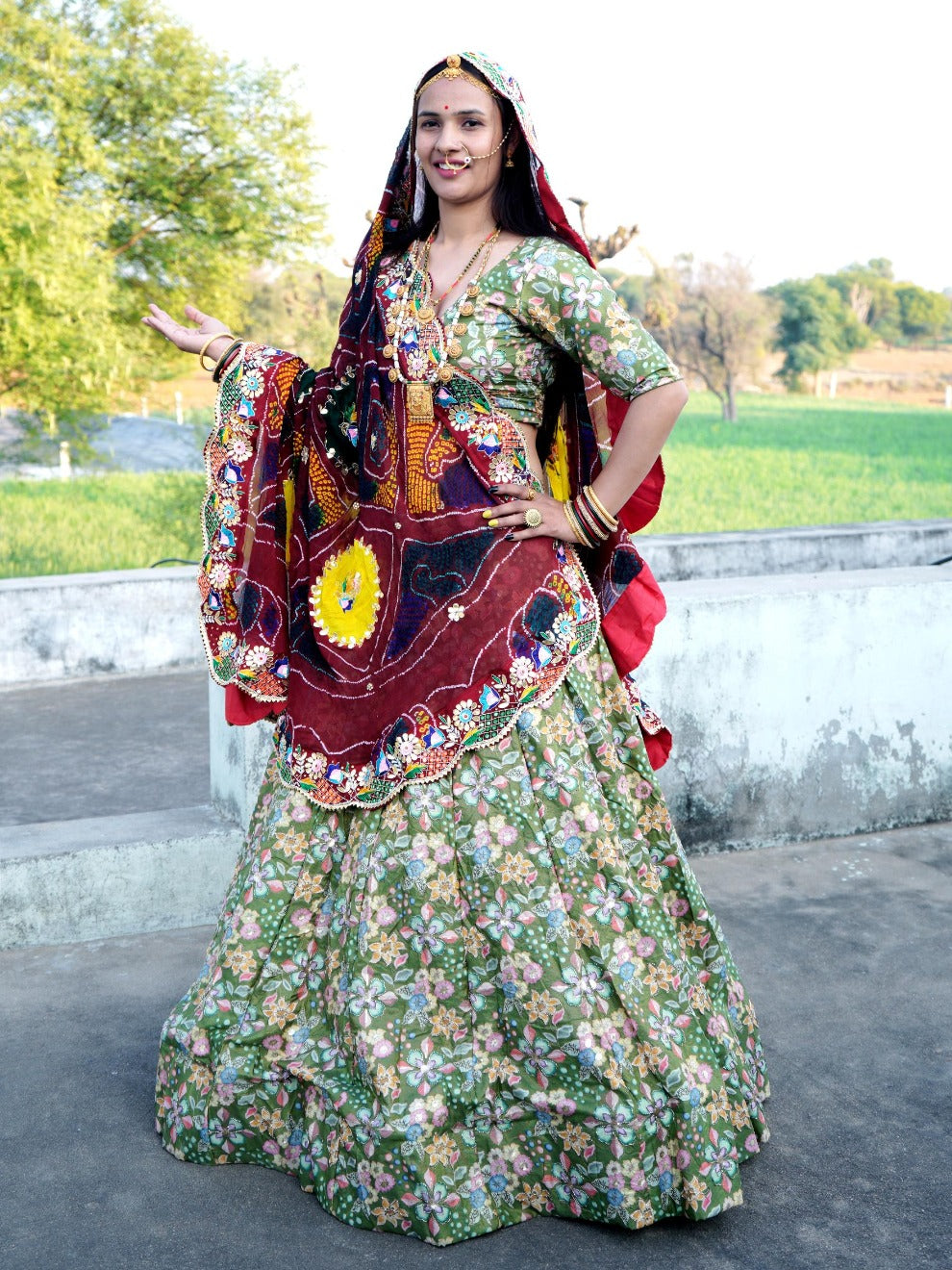 Green Floral Printed Lehenga | Traditional Rajputi Style Set by Radhika Boutique