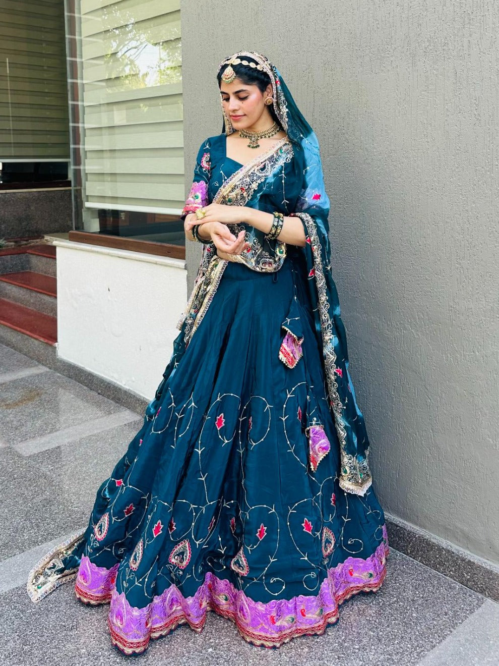 Teal Blossom Handwork Lehenga | Radhika Boutique