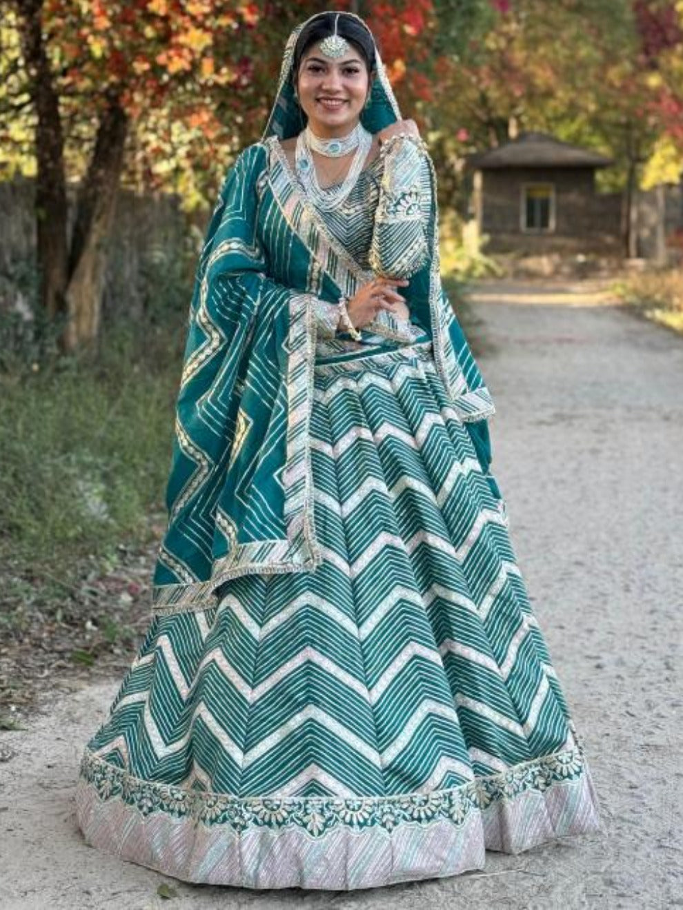 Teal Chevron Heritage Lehenga | Radhika Boutique