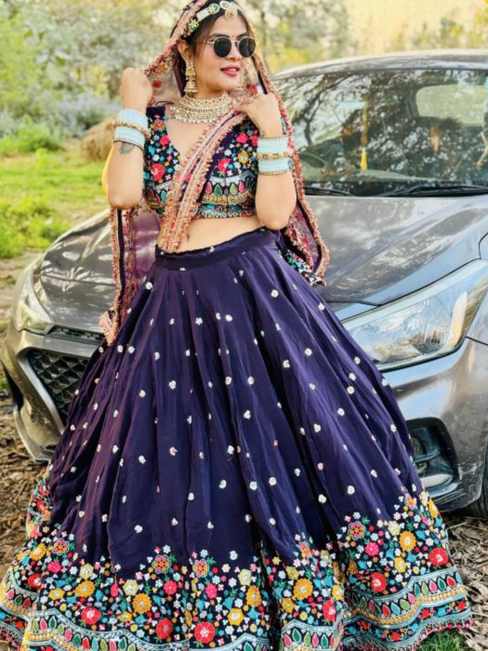 Navy Multicolor Mirrorwork Lehenga | Radhika Boutique