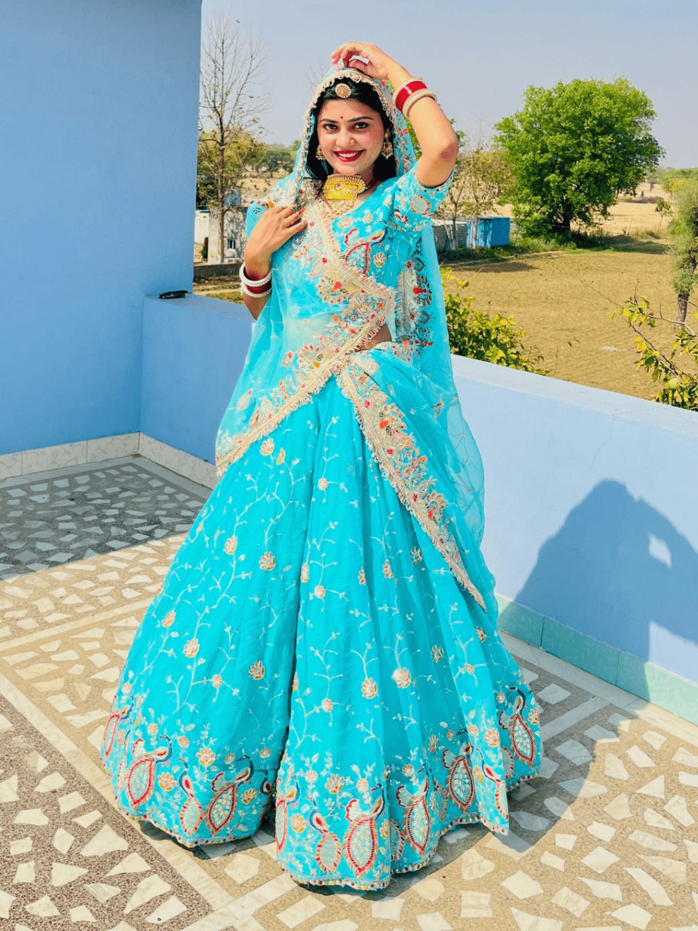 Aqua Blue Embroidered Lehenga | Radhika Boutique