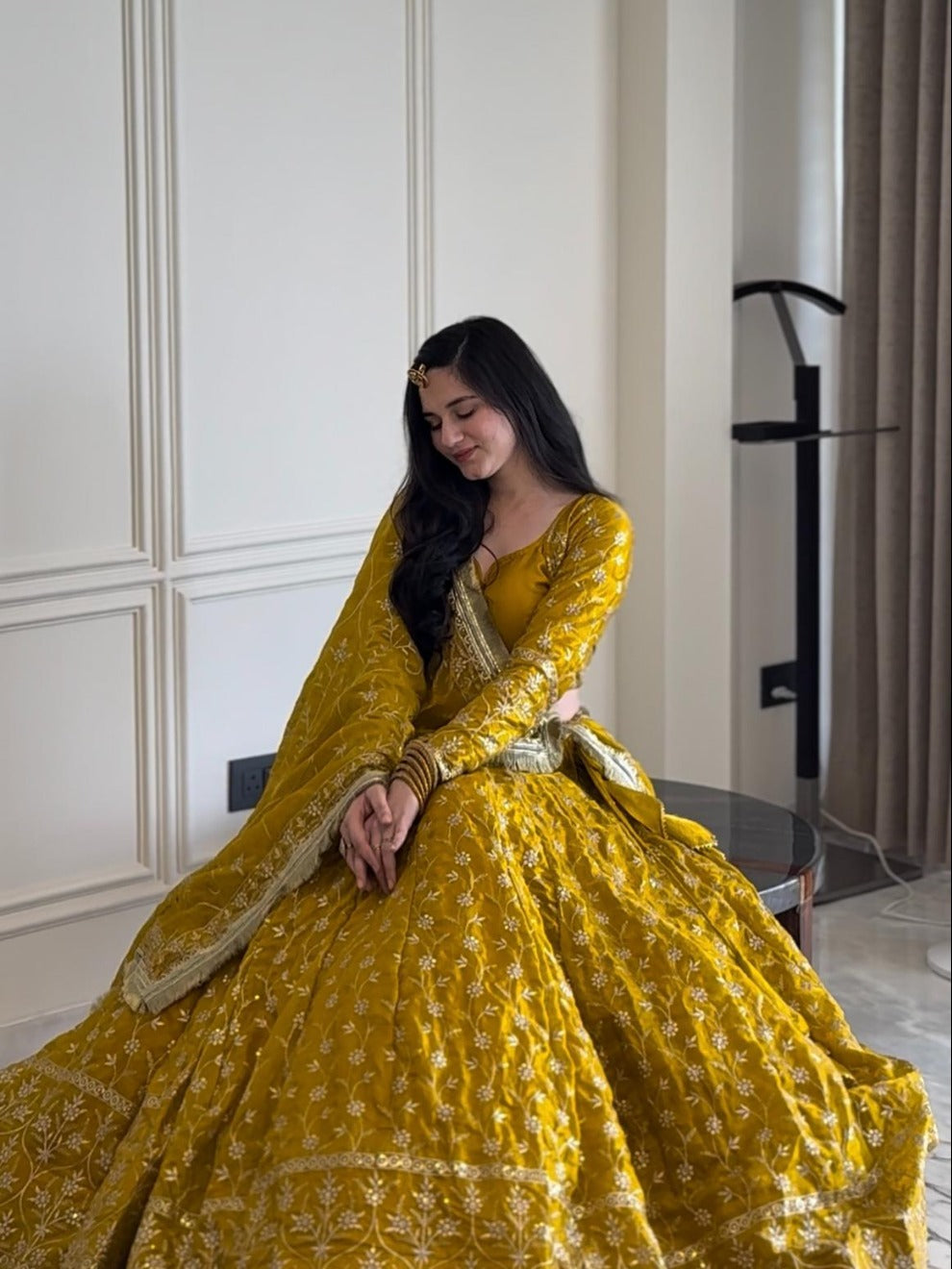 Pure Hand-Embroidered Mustard Designer Lehenga | Radhika Boutique