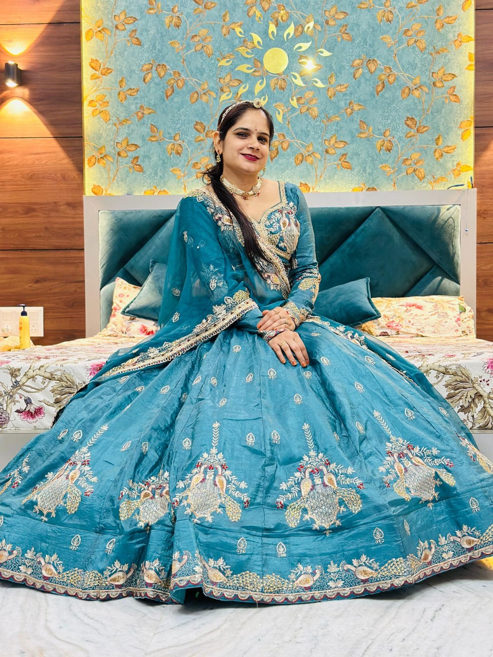 Teal Elephant Motif Flair Lehenga | Radhika Boutique