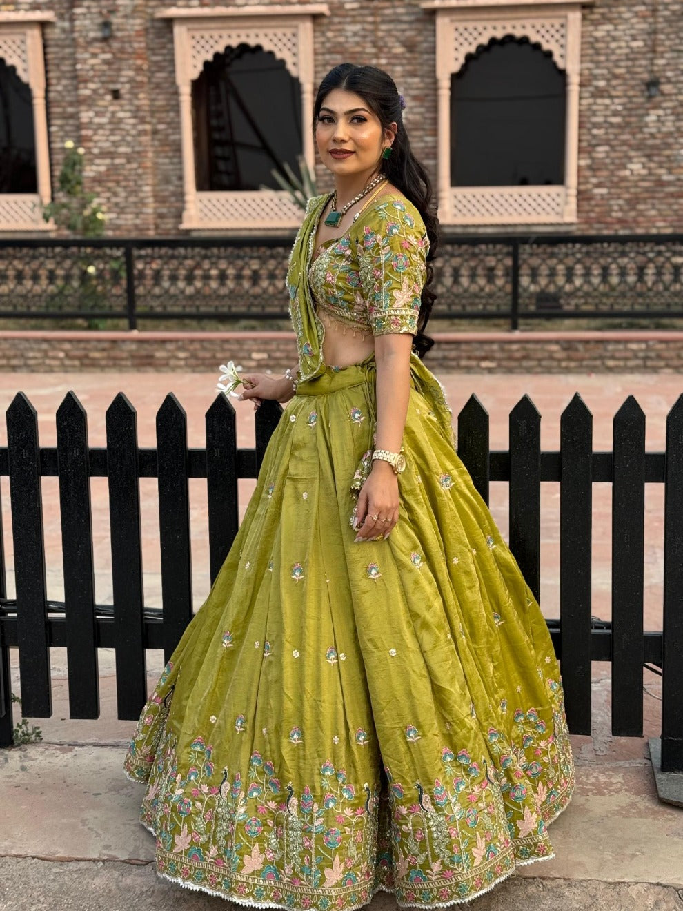 Premium Thread-Work Lehenga in Blooming Green | Radhika Boutique