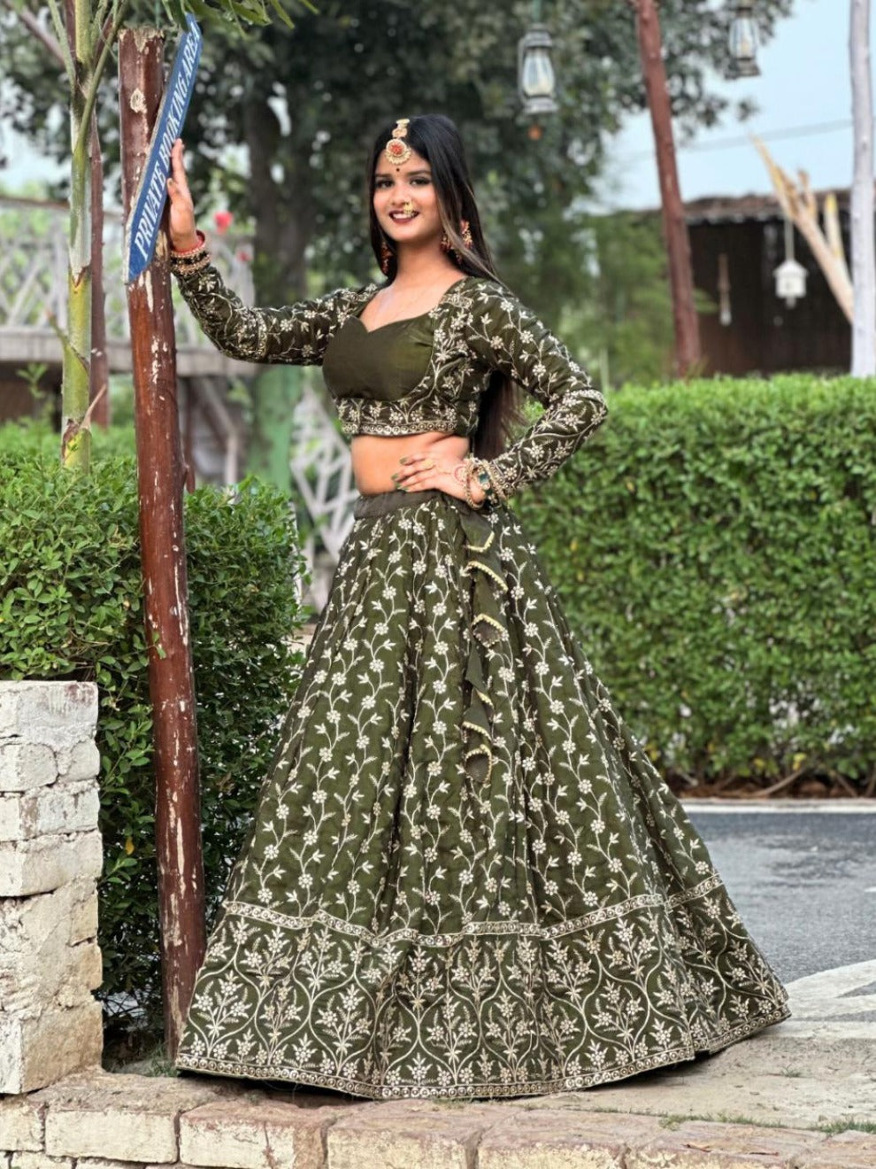 Designer Thread Work Lehenga in Olive Green | Radhika Boutique