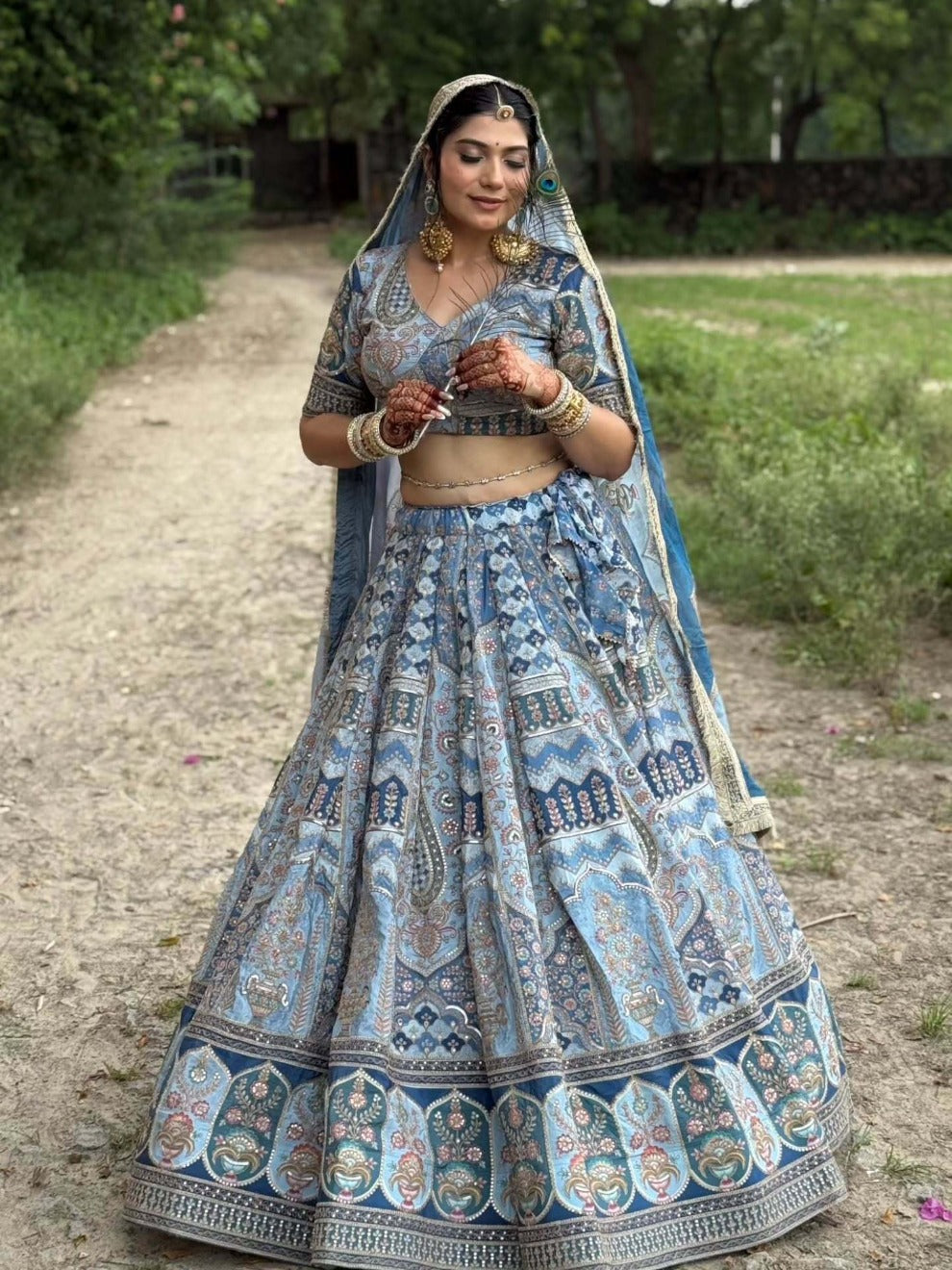 Blue Vintage Print Full Flair Lehenga | Radhika Boutique