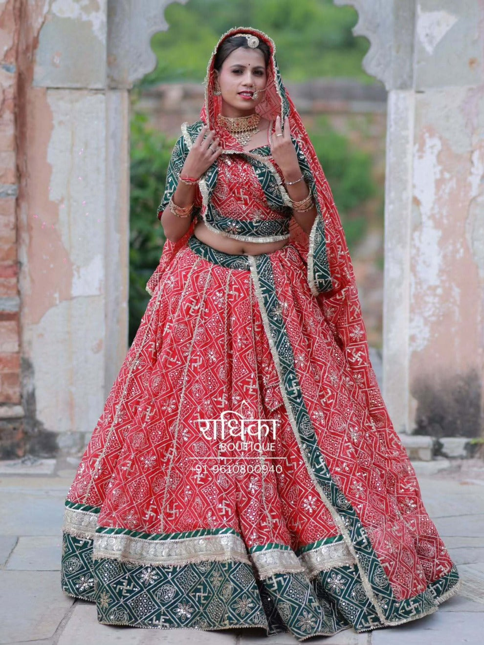 Radhika Boutique Red & Green Traditional Bridal Lehenga | Handcrafted