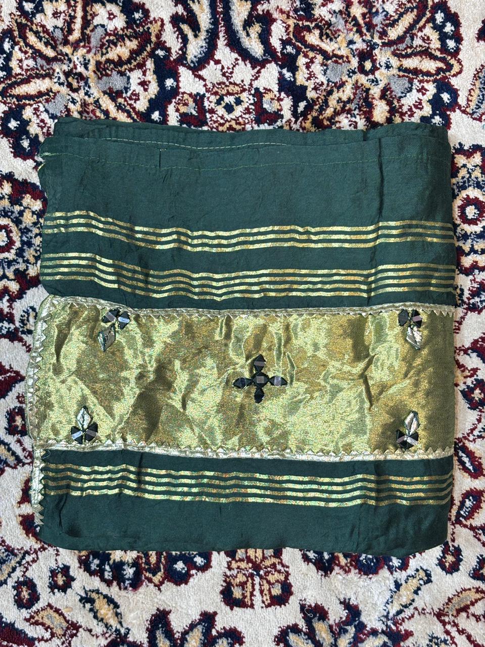 Dark Green Embroidered Dupatta with Gold Border | Festive & Wedding Wear