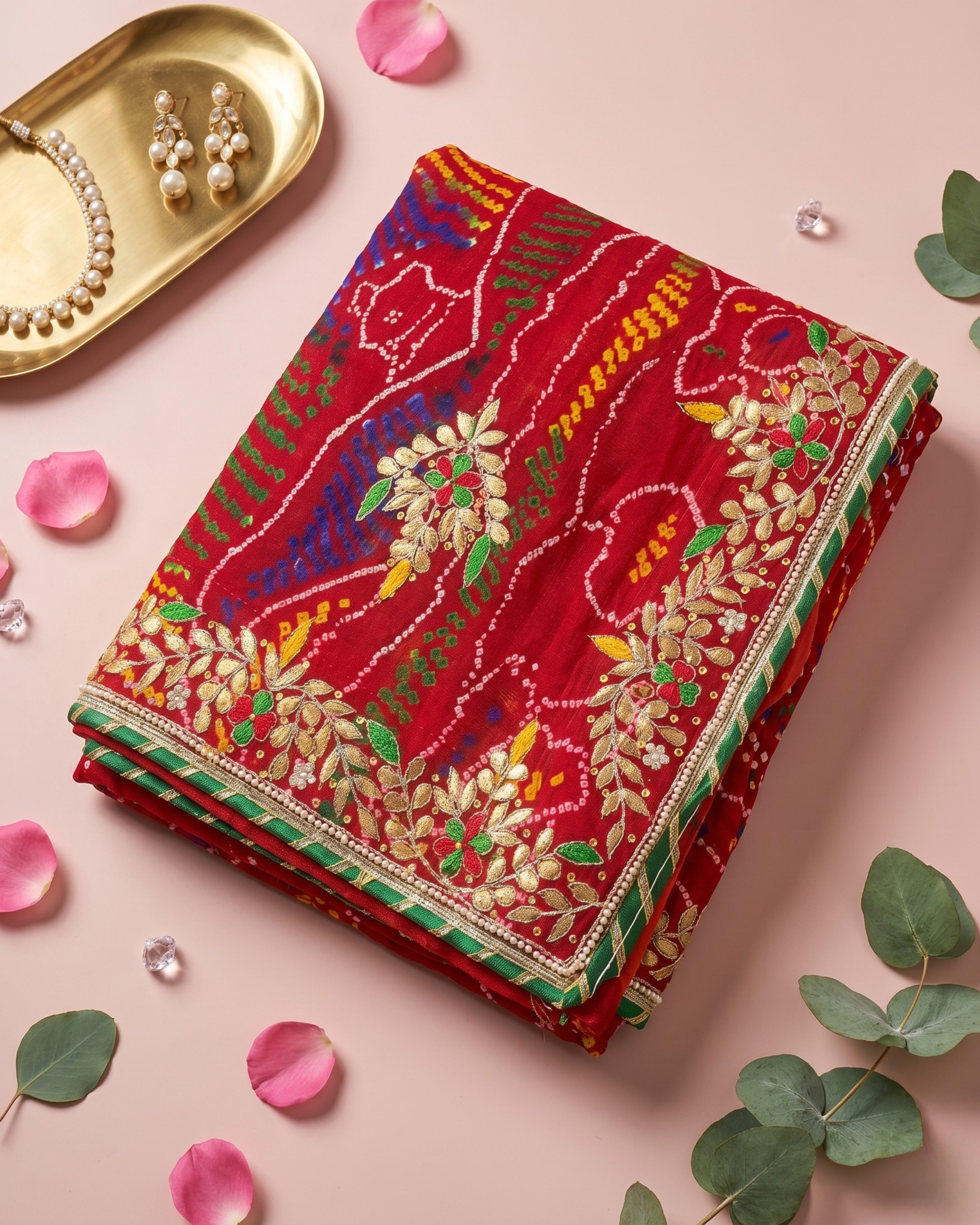 Bridal Red Multicolor Bandhej Jardozi Chunri with Green Border | Pure Shekhawati Dupatta