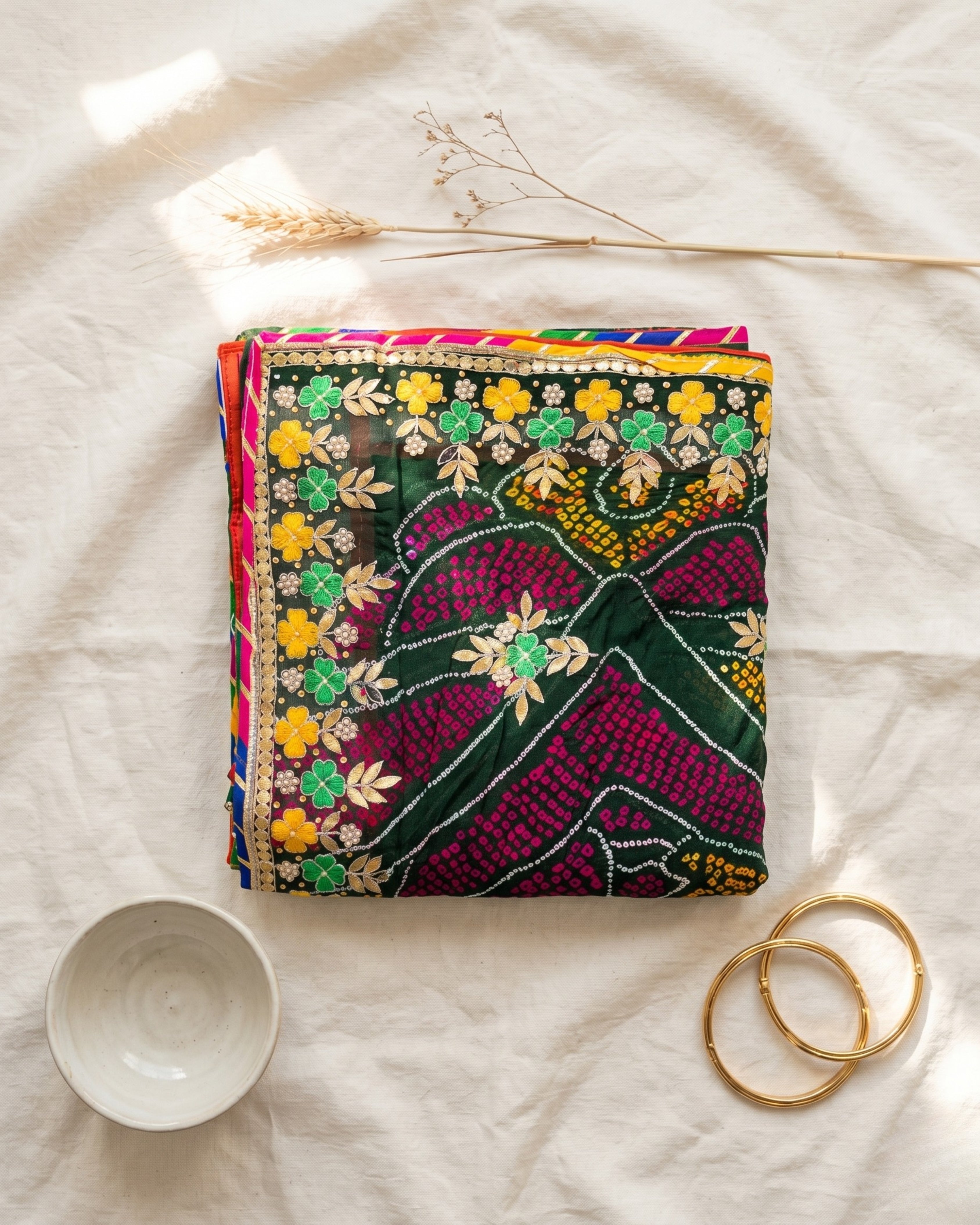 Jardosi Chunri Dark Green | Pure Ojariya Shekhawati Bandhej Dupatta with Handwork
