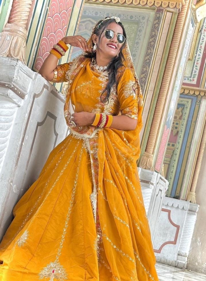choti chidi Yellow Crepe Lehenga with Thread Work – Designer Haldi & Festive Wear