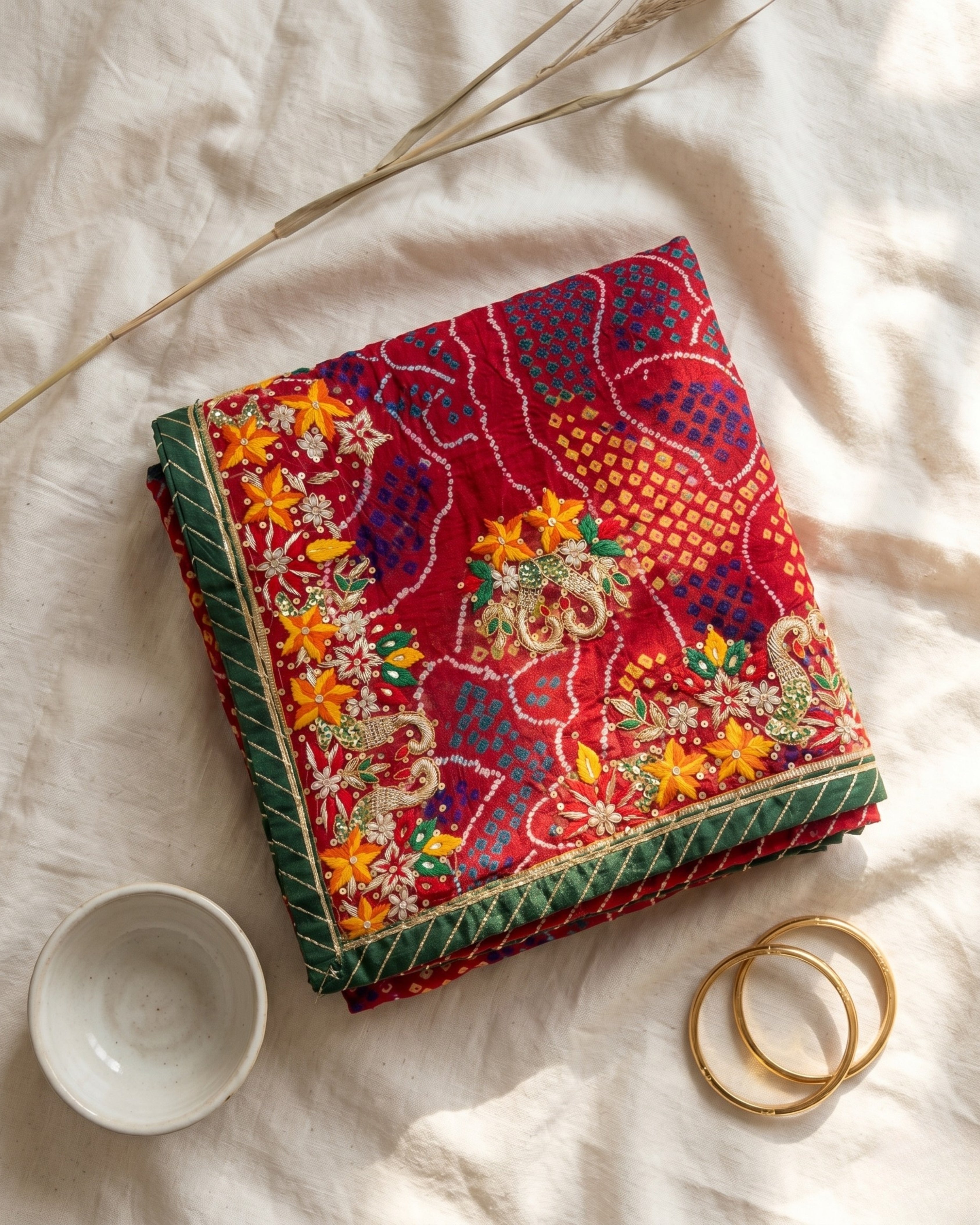 Jardosi Chunri Red Multicolor | Pure Ojariya Shekhawati Bandhej Dupatta with Handwork