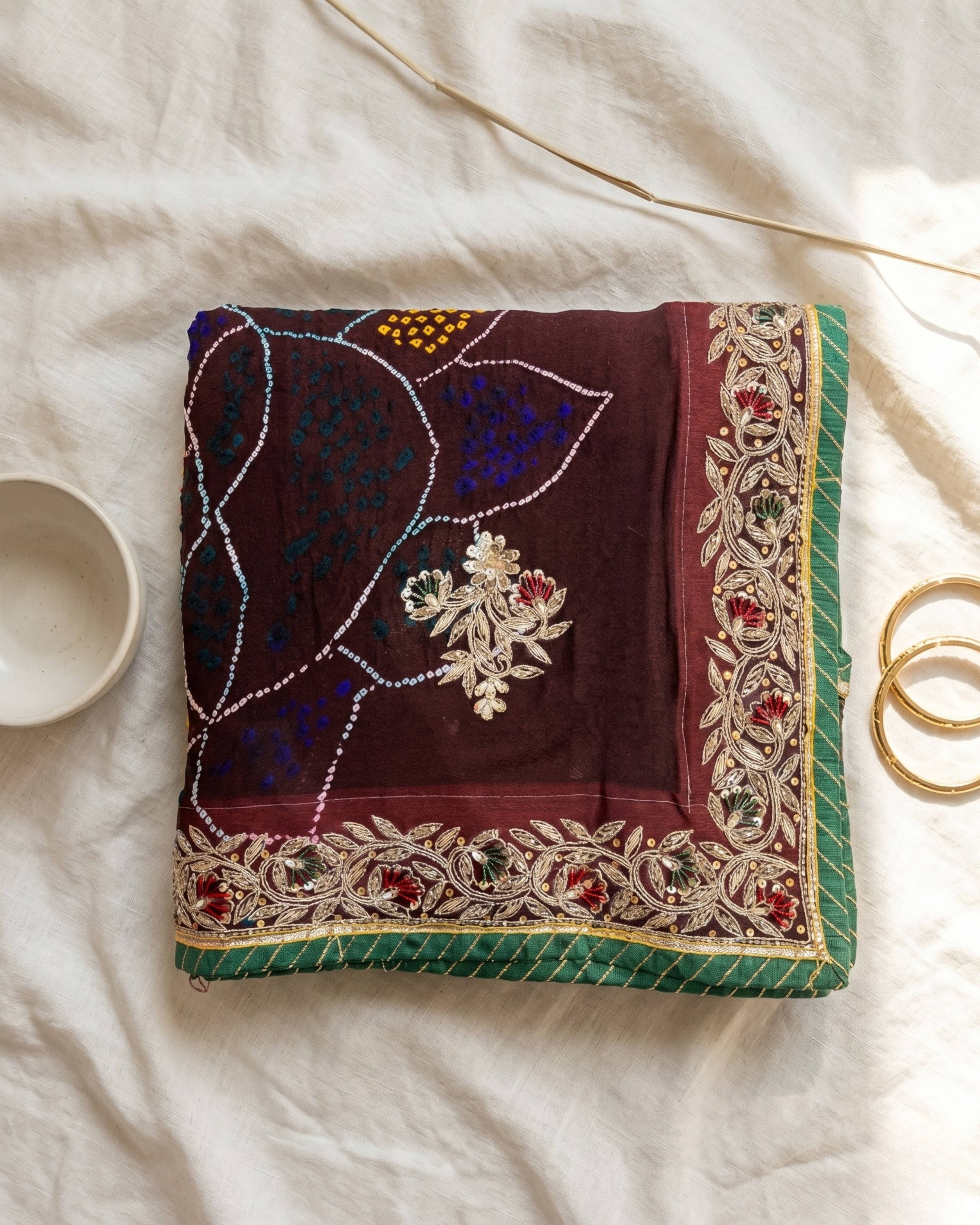 Maroon Jardozi Chunri with Green Border | Pure Shekhawati Bandhej Dupatta