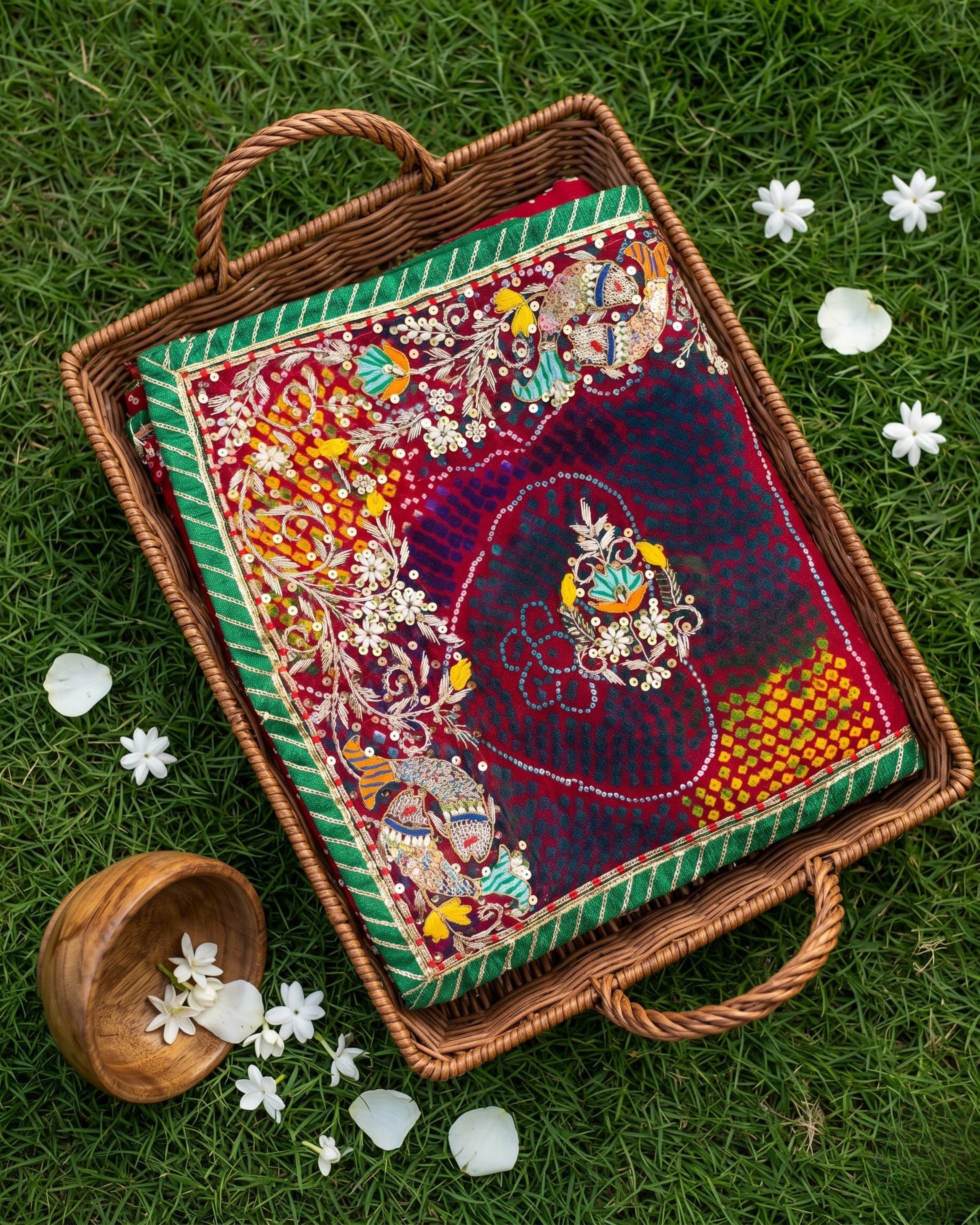 Wine Maroon Multicolor Jardozi Chunri | Pure Shekhawati Bandhej with Green Border