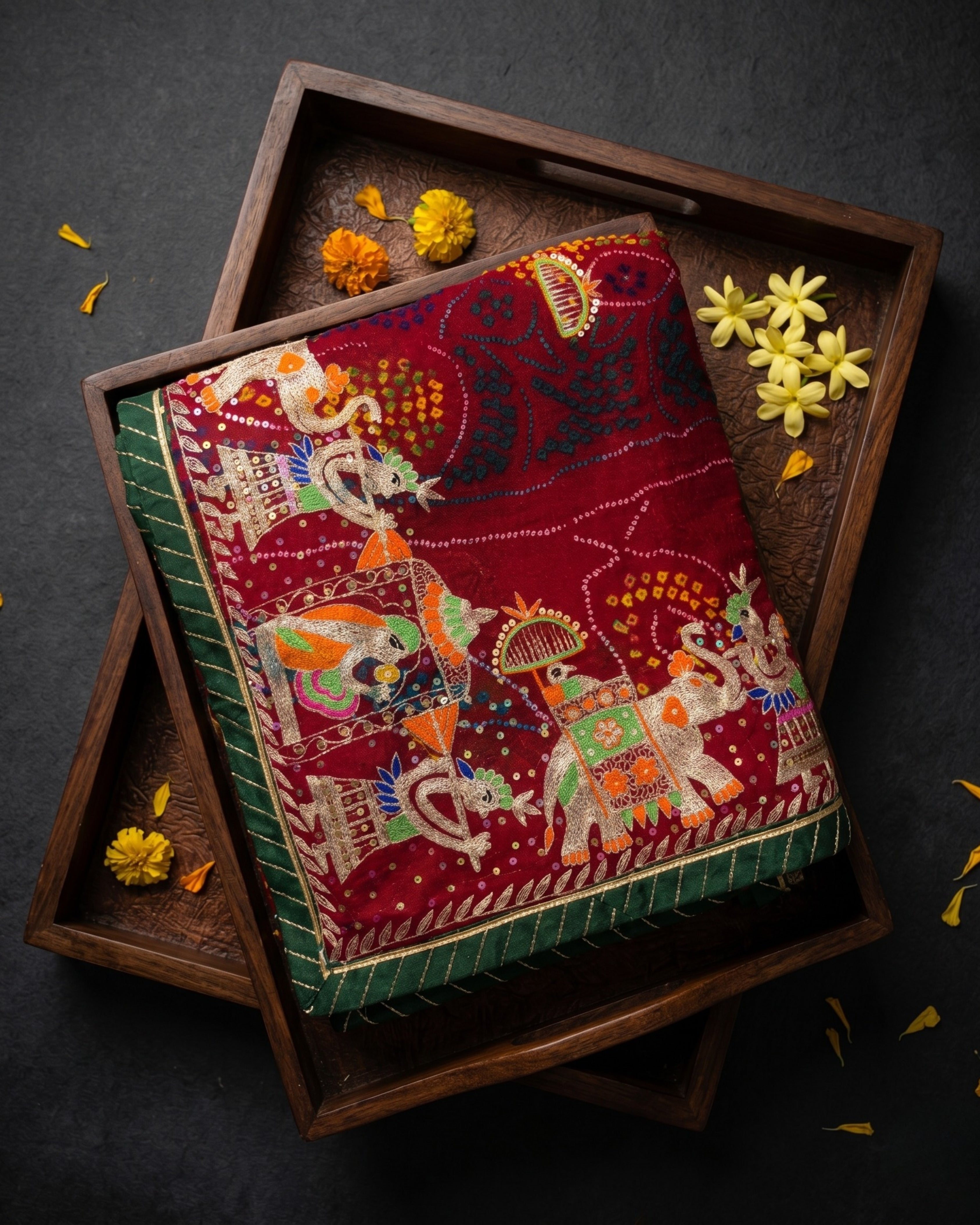 Red Jardozi Chunri with Elephant Motifs | Pure Shekhawati Bandhej Dupatta