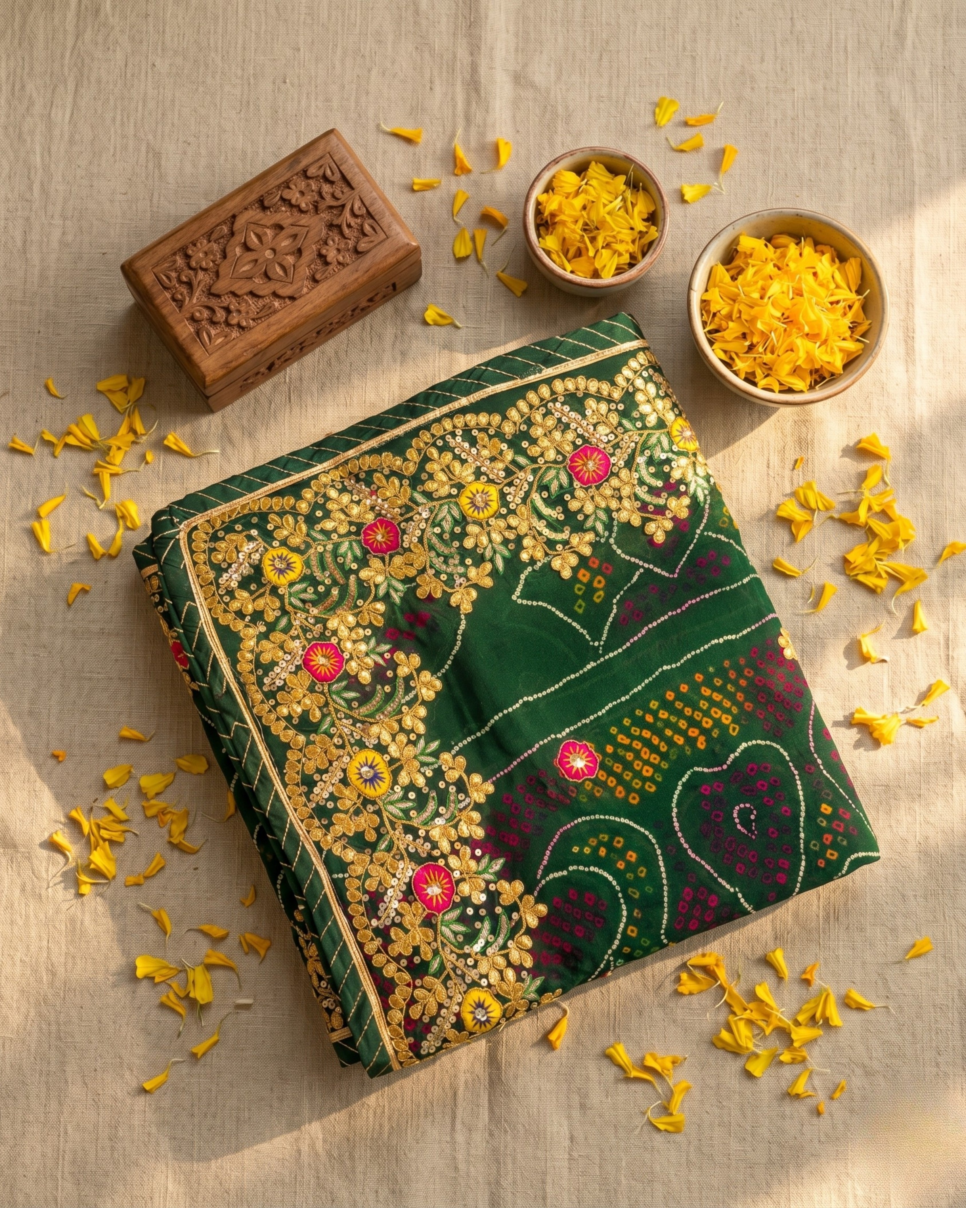 Green Jardozi Chunri with Floral Border | Pure Shekhawati Bandhej Dupatta