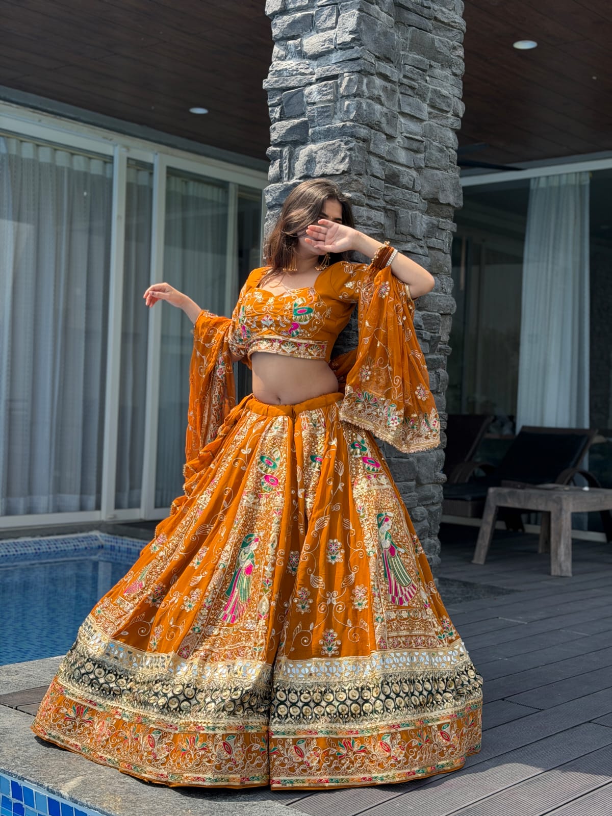 Bindani | Vintage Lahenga With Full Gher With Heavy Cane Cane