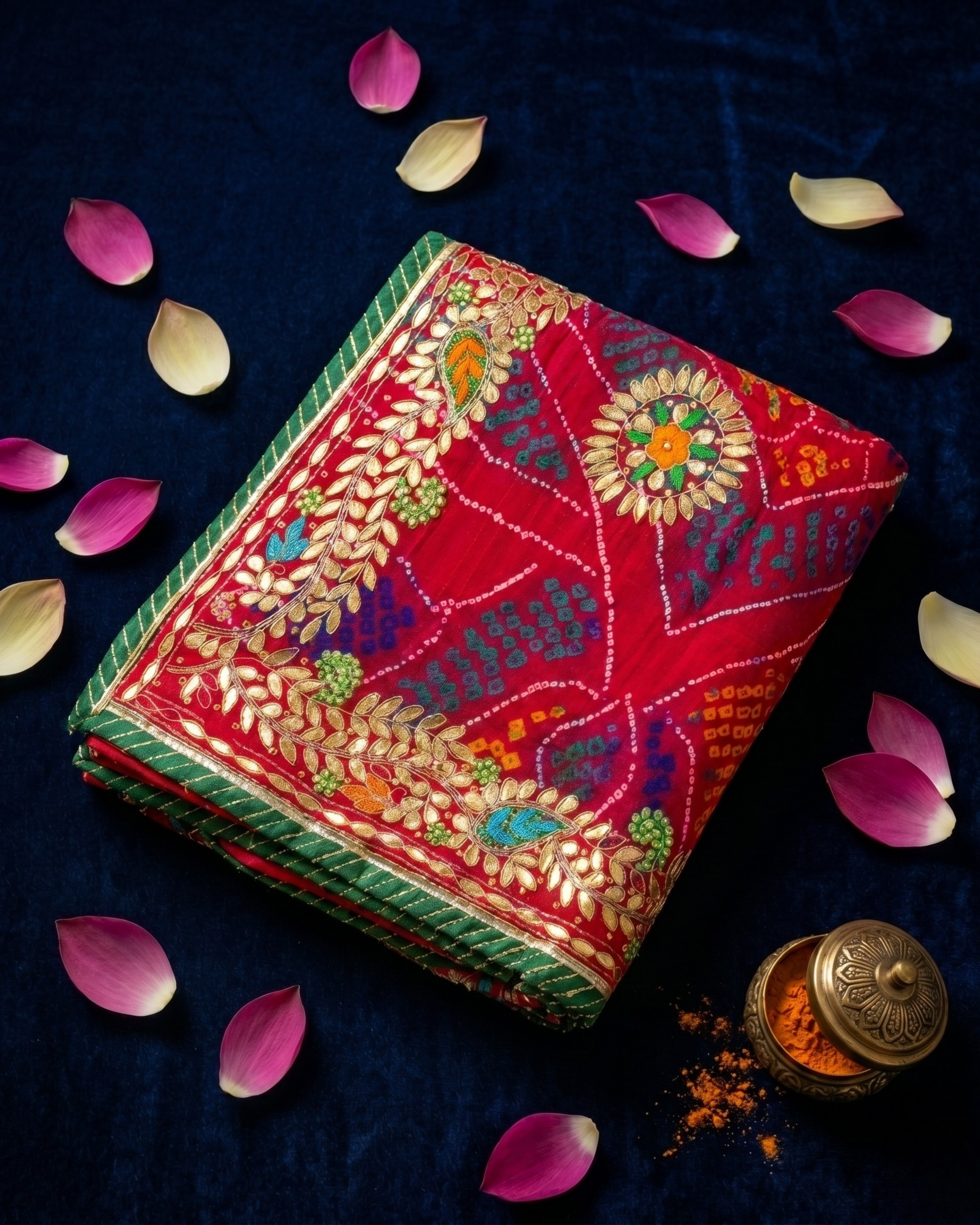 Vermillion Red Jardozi Chunri with Green Border | Pure Shekhawati Bandhej Dupatta