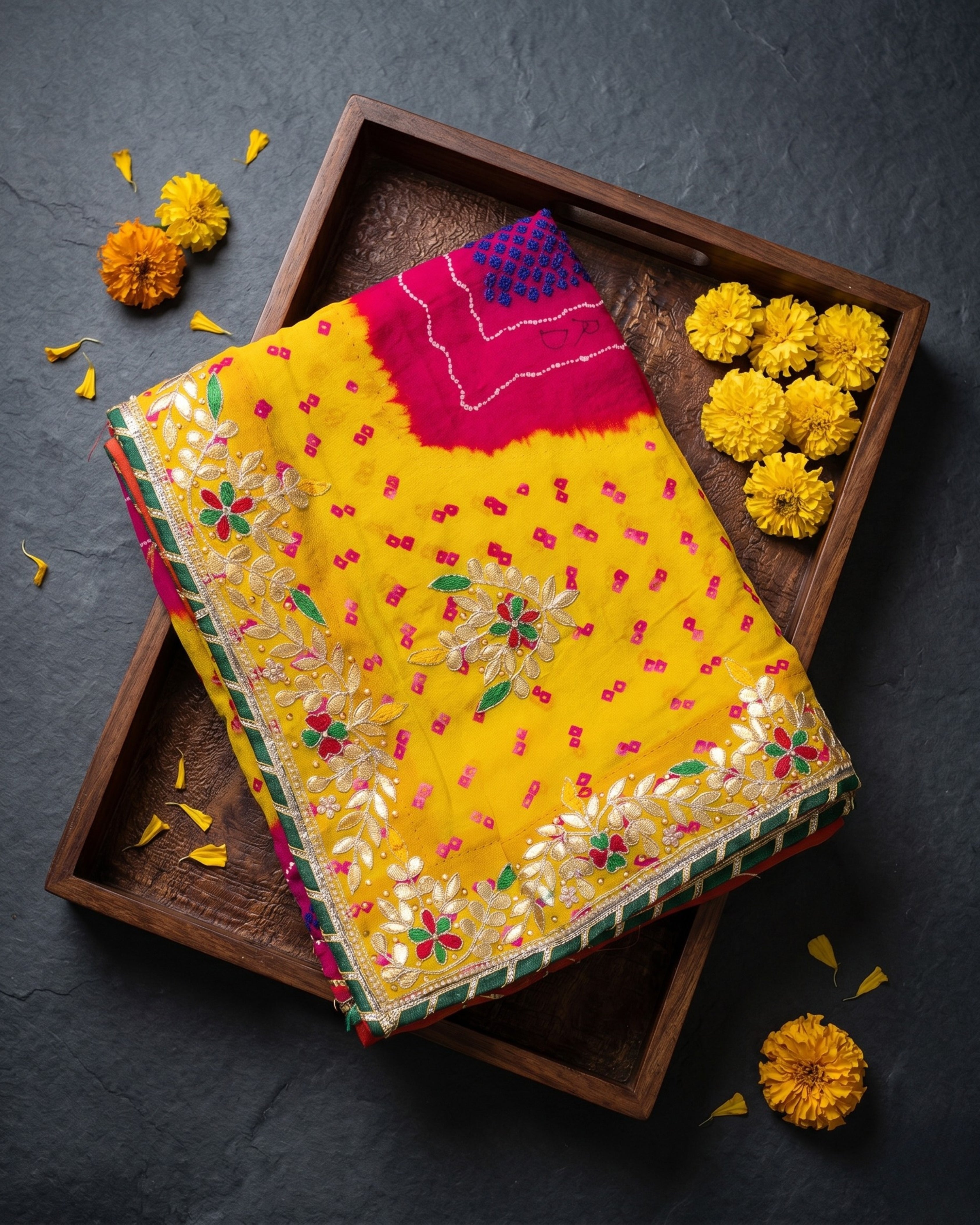 Yellow Pink Jardozi Chunri | Pure Shekhawati Bandhej Dupatta with Floral Border