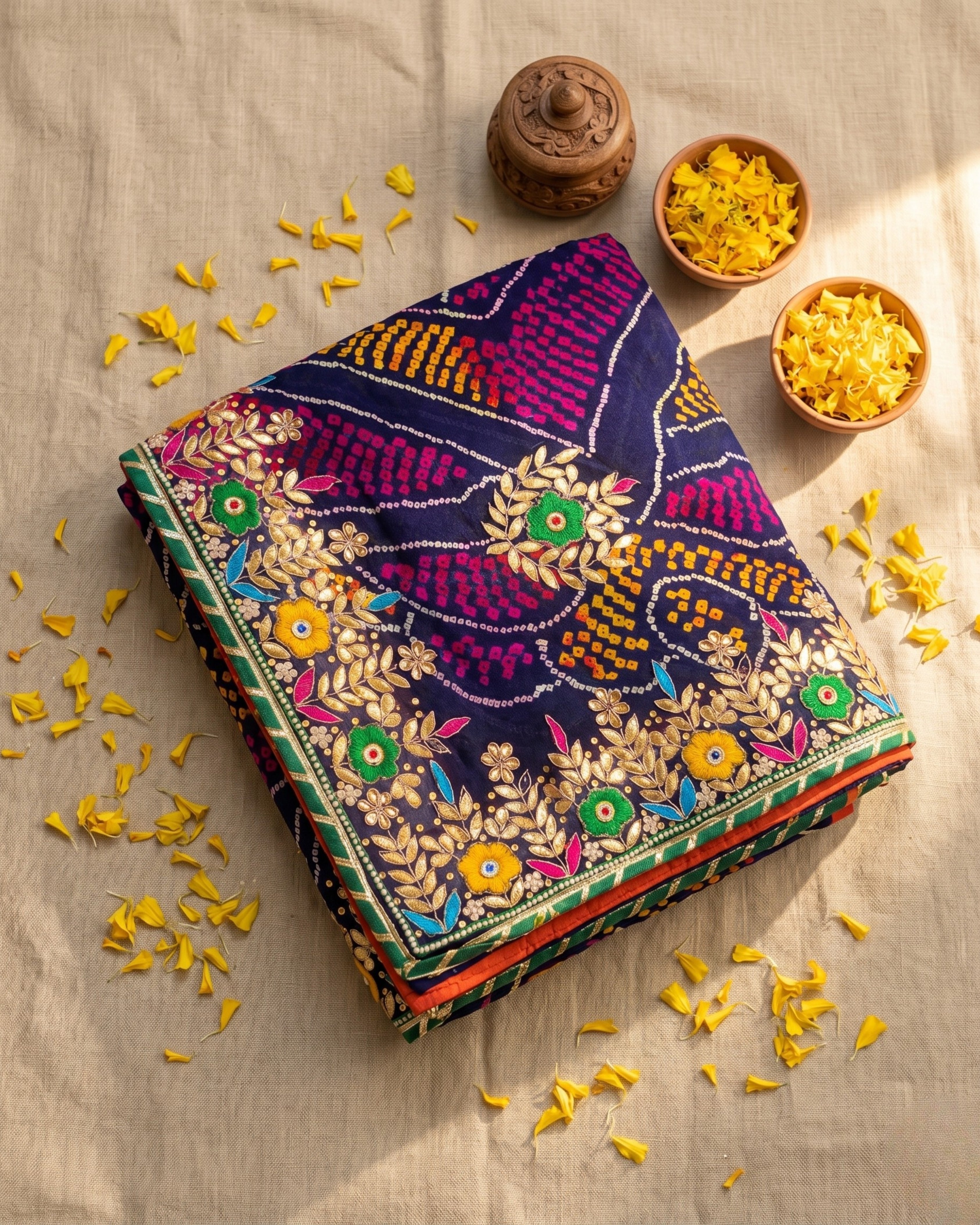 Navy Blue Multicolor Jardozi Chunri | Pure Shekhawati Bandhej Dupatta with Floral Border
