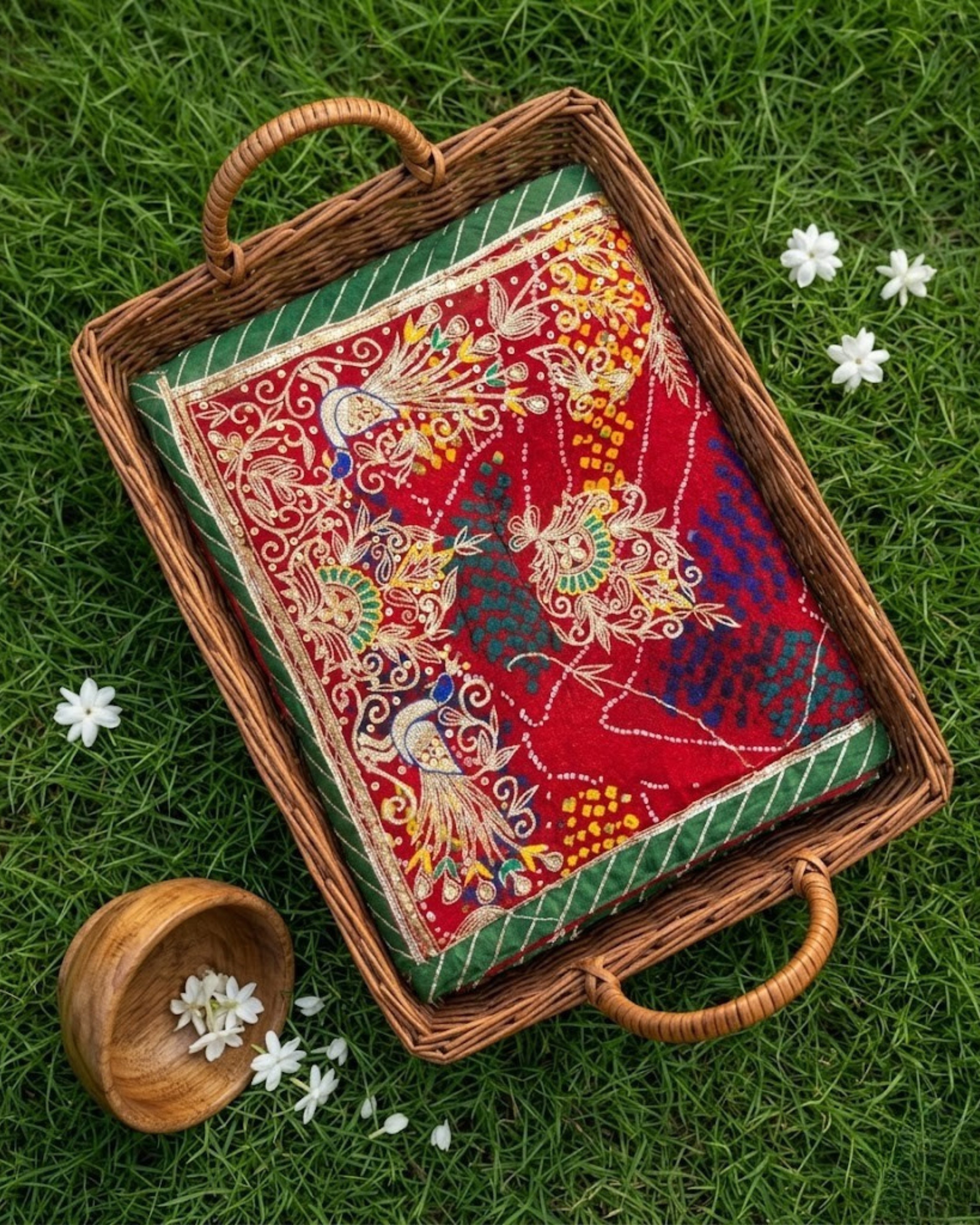 Red Jardozi Chunri with Peacock Motifs | Pure Shekhawati Bandhej Dupatta